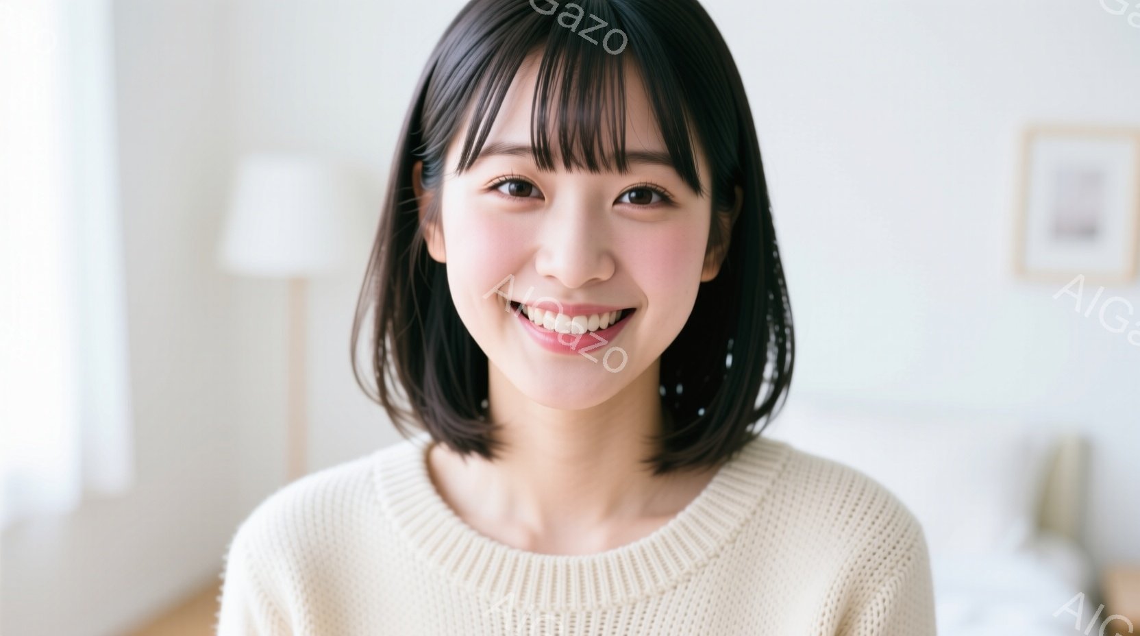 この女性は、明るいベージュ色のセーターを着ていて、前髪を斜めに流したボブヘアスタイルです。彼女は笑顔でカメラを見つめており、リラックスした雰囲気です。背景は淡い色調の部屋で、暖かく穏やかな印象を与えま - AI生成フリー素材