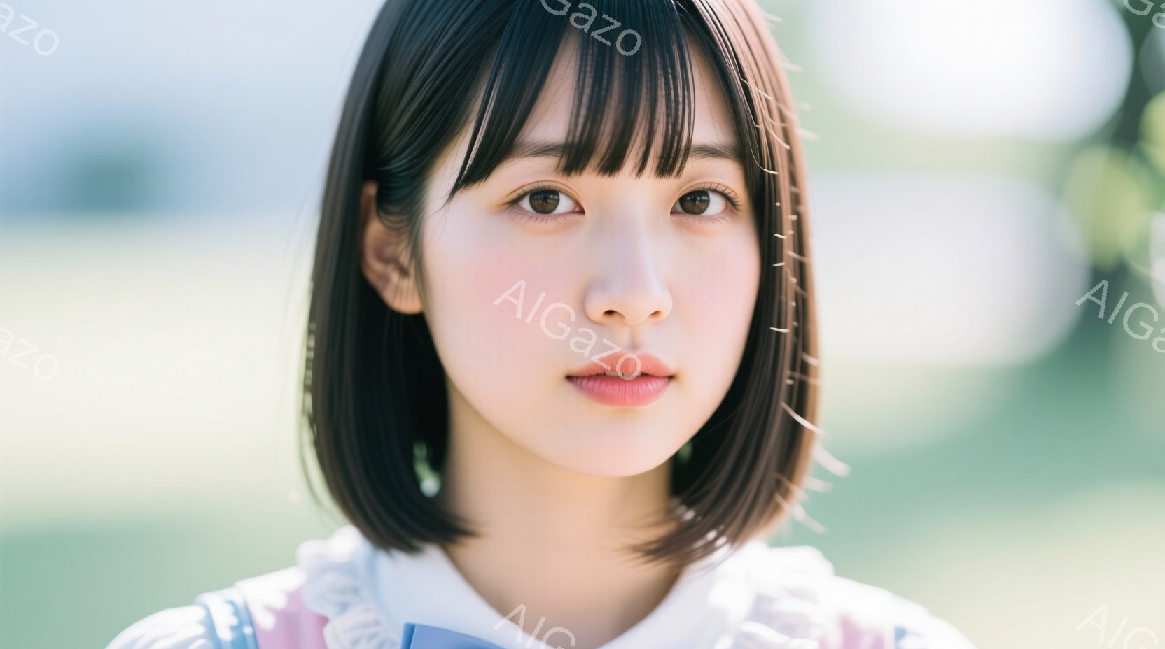 短い黒髪の女性が正面を見つめています。彼女はパステルカラーのブラウスを着用し、優しい表情を浮かべています。背景は緑色のぼやけた自然で、柔らかく穏やかな雰囲気を醸し出しています。