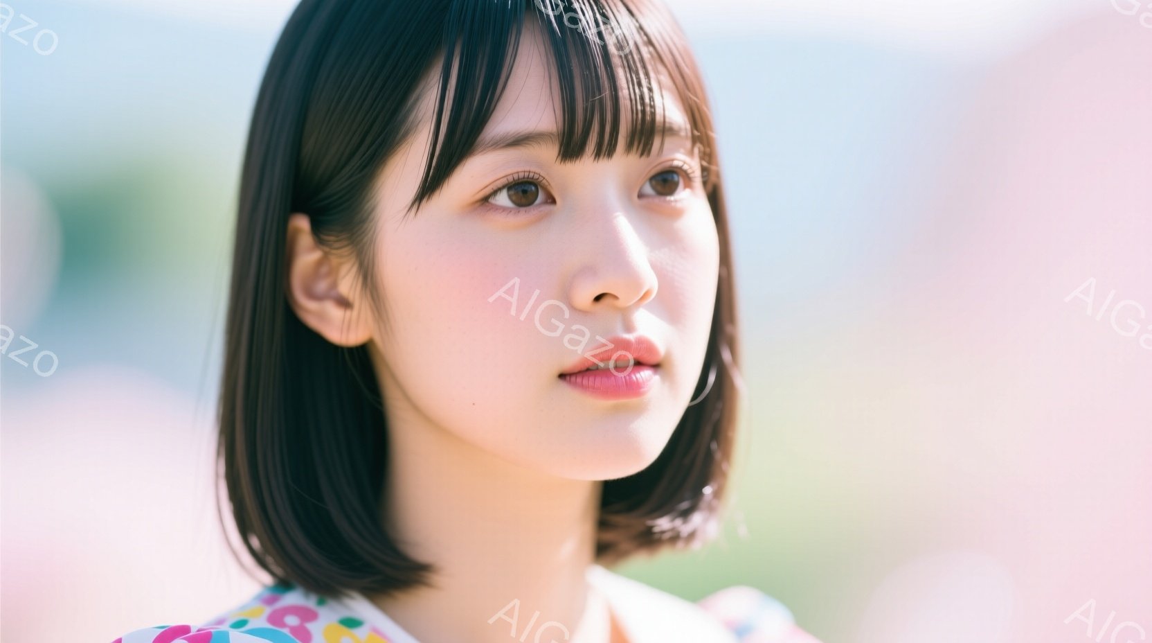 黒髪のショートボブヘアの女性がこちらを見ています。彼女は明るい色の花柄のシャツを着ており、少し微笑んでいます。背景はぼやけていますが、緑豊かな自然と明るい空がうかがえ、全体的に柔らかく温かい雰囲気です - AI生成フリー素材