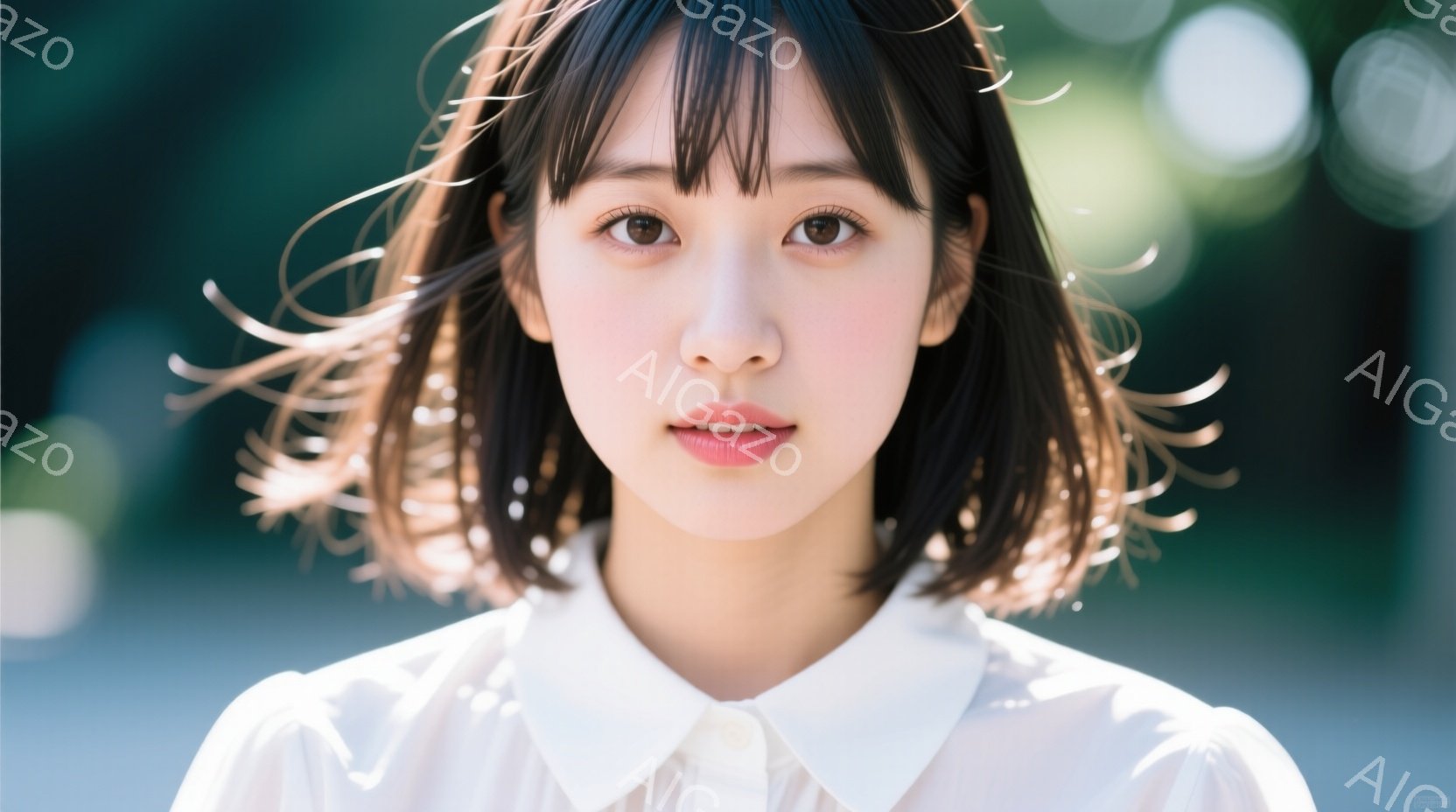 短い黒髪の女性が正面を向いて立っており、前髪が風になびいています。白い襟のシャツを着ており、表情は穏やかで少し微笑んでいるように見えます。背景は緑豊かな木々で、晴れた日の自然の中で撮影された写真のよう - AI生成フリー素材