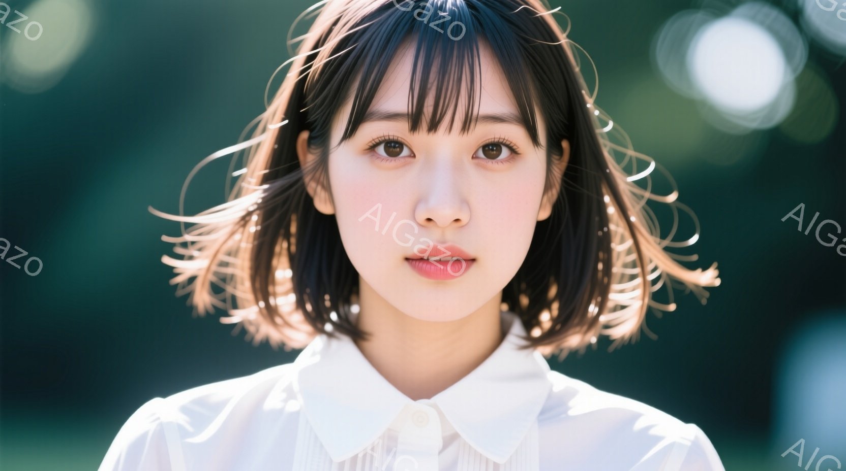 若い女性が写っており、明るい茶色のショートヘアに、前髪が少し流れています。白いシャツを着ており、表情は穏やかで、まっすぐカメラを見つめています。背景は緑色のぼやけた木々で、太陽光が差し込み、柔らかい雰 - AI生成フリー素材