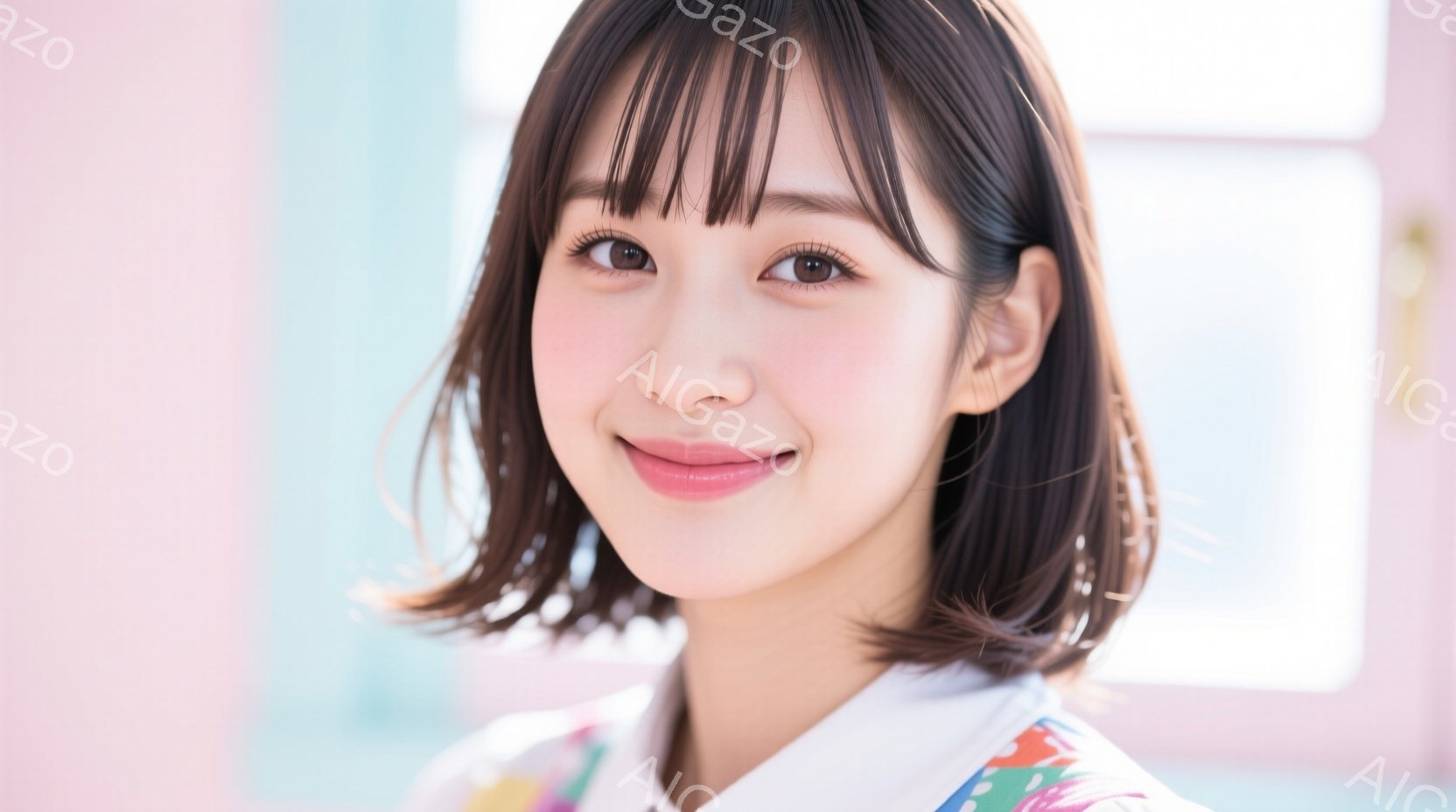 短い黒髪の女性が、白い襟のカラフルなシャツを着て、穏やかな笑顔でこちらを見ている。背景は薄いピンク色の壁と窓で、明るく柔らかい雰囲気を作り出している。彼女の姿勢はリラックスしており、全体的に親しみやす - AI生成フリー素材