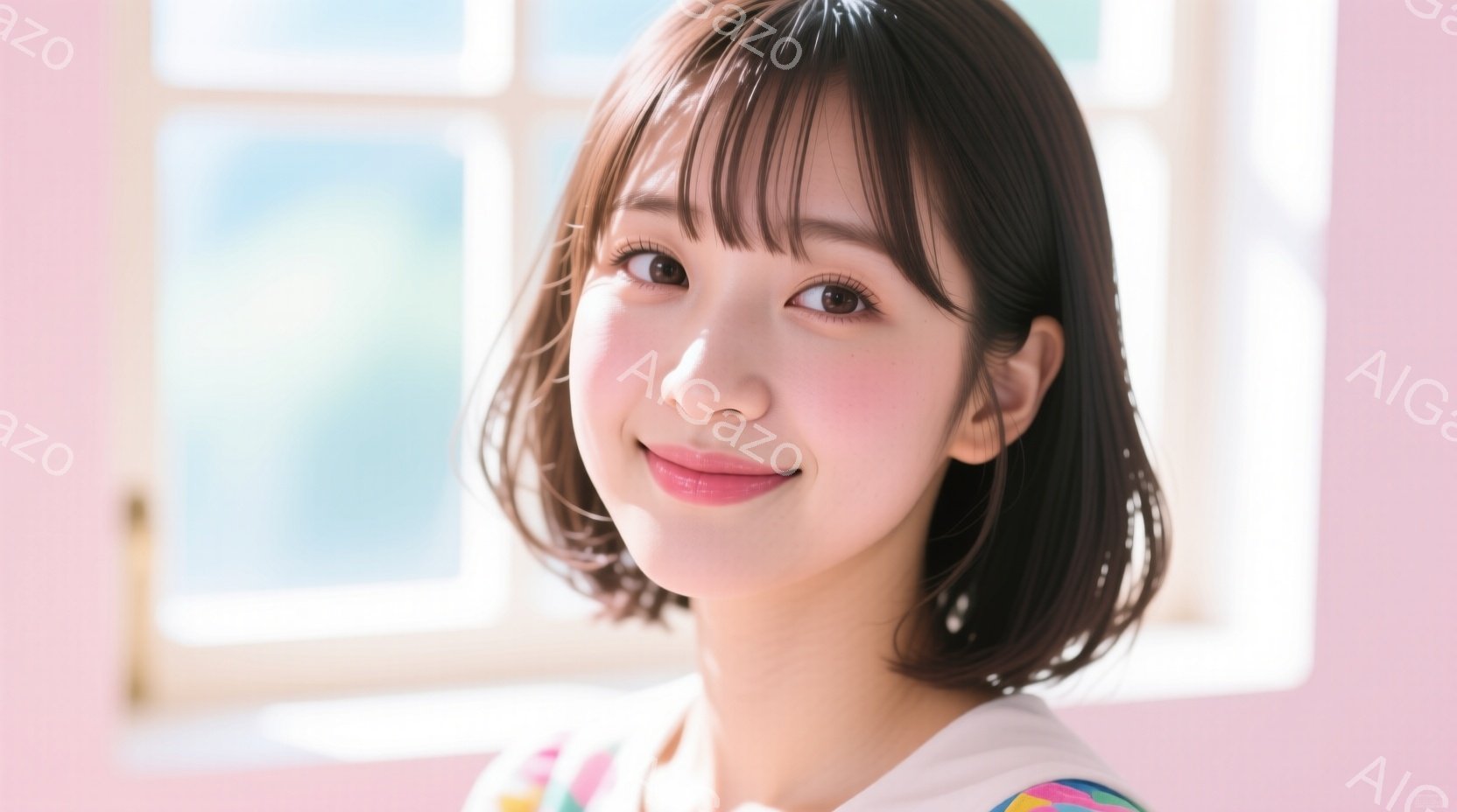 明るい笑顔を見せる若い女性が写っています。彼女は肩までの長さの茶色の髪で、前髪が目にかかっています。白地にカラフルなストライプの入ったトップスを着ており、背景には白い窓枠が見え、柔らかい光が差し込んで - AI生成フリー素材