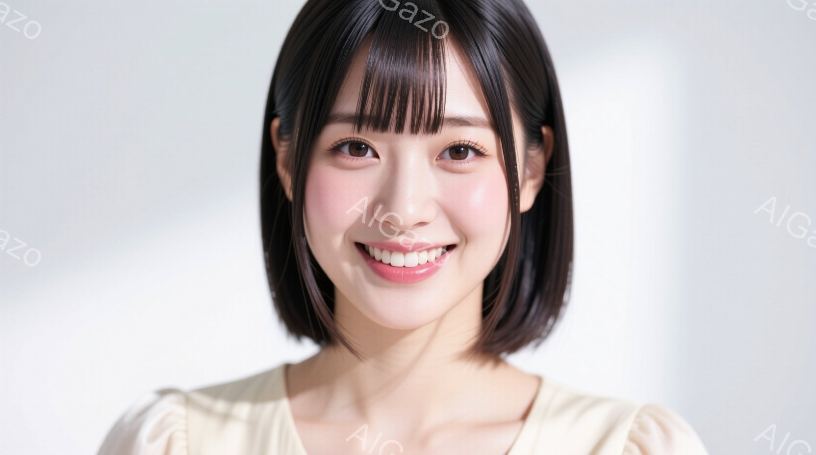 明るい背景を背景に、ショートボブのヘアスタイルで笑顔の女性が写っています。オフホワイトのトップスを着ており、肌は明るく、頬には薄いピンクのチークが入っています。彼女はカメラに向かって微笑み、親しみやすい雰囲気を醸し出しています。