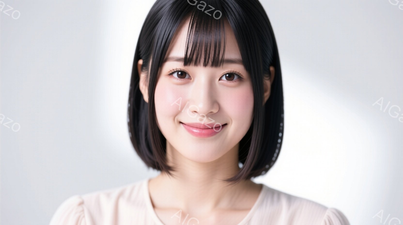 この女性は、肩までの長さの黒髪で、前髪が目に少しかかるようにカットされています。薄いピンク色のブラウスを着ており、穏やかな笑顔を浮かべています。背景は白く、人物が際立っており、全体的に柔らかく、親しみ - AI生成フリー素材
