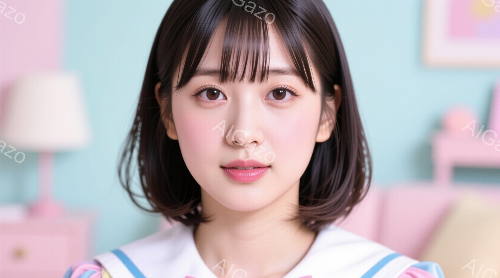 画像は、ショートボブの髪型で、前髪が眉毛にかかる若い女性のポートレートです。彼女はセーラー服を着ており、明るいピンクの背景の中にいます。彼女は穏やかな微笑みを浮かべており、全体的に柔らかく可愛らしい雰囲気です。