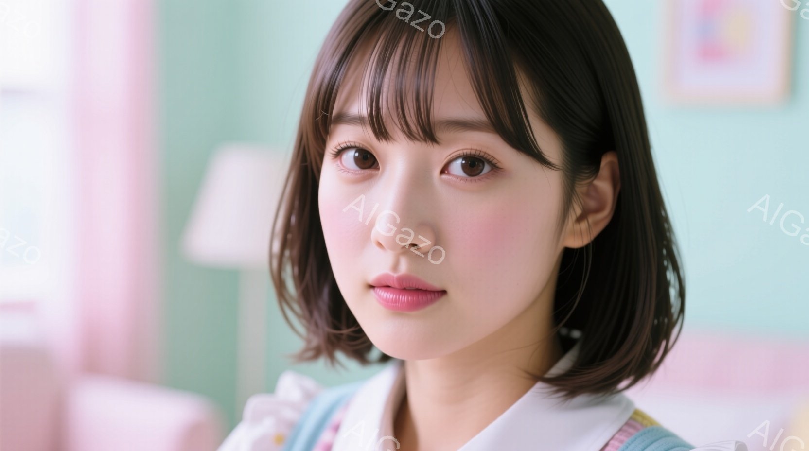 短い茶色の髪をした若い女性が正面を見つめています。彼女は襟付きの薄いピンクのシャツを着ており、顔色は明るく、少し微笑んでいます。背景はパステル調の緑とピンクで、柔らかく穏やかな雰囲気です。 - AI生成フリー素材