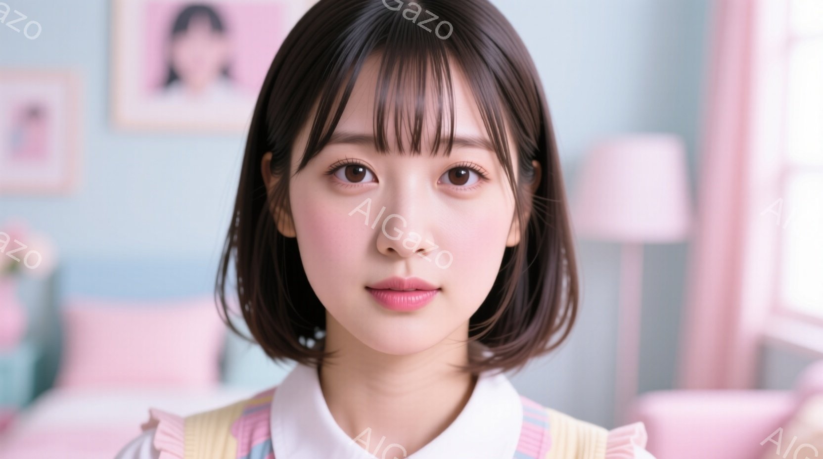 ショートヘアの若い女性が正面を見つめています。彼女は明るい色のベストと白い襟付きのシャツを着ており、優しい微笑みを浮かべています。背景はパステルピンクの壁と、ぼやけた家具で、全体的に柔らかく、甘い雰囲気を醸し出しています。