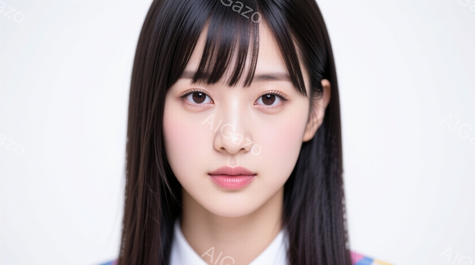 この女性は、ストレートで艶やかな黒髪、前髪を下ろしたヘアスタイルで、明るい表情を見せています。白い襟のシャツにカラフルなジャケットを羽織っており、控えめながらも可愛らしい印象を与えます。背景は白く、人 - AI生成フリー素材