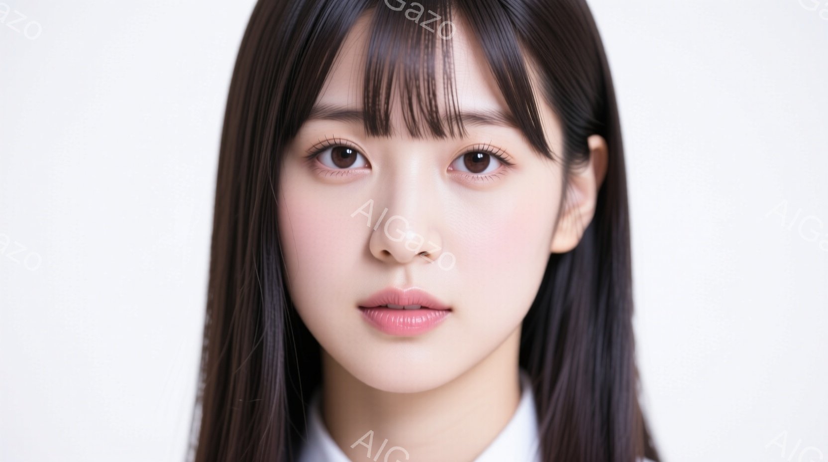 この女性は、ストレートで艶やかな黒髪と、前髪ぱっつんのヘアスタイルをしている。肌は白く、頬はほんのり赤らんでいる。彼女は白い襟付きのシャツを着ており、表情は穏やかで、まっすぐカメラを見つめている。