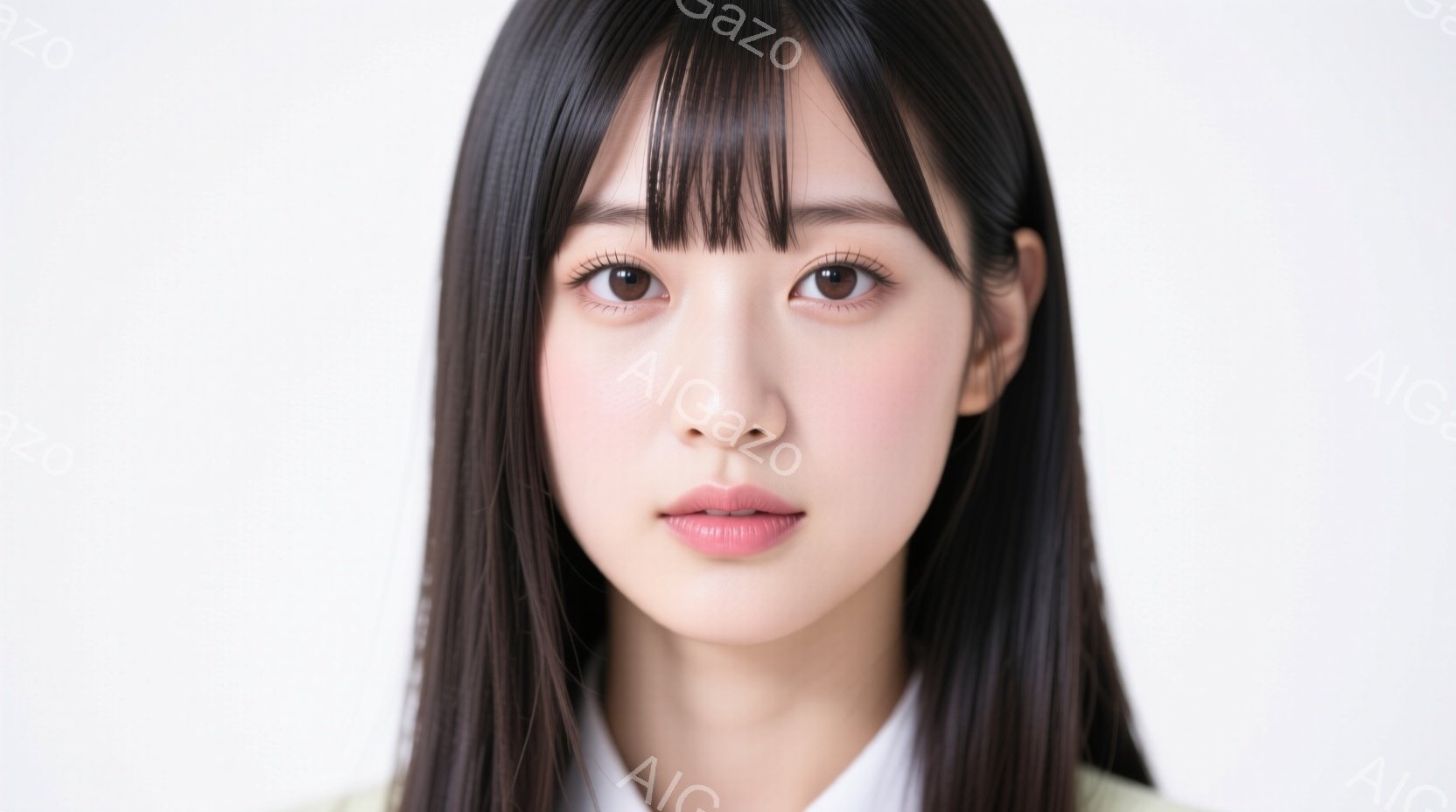 長い黒髪で、前髪は眉毛のあたりで切り揃えられています。白い襟の入った淡い緑色のジャケットを着用しており、表情は穏やかで、まっすぐカメラを見つめています。背景は白く、人物が際立つようにシンプルにまとめら - AI生成フリー素材