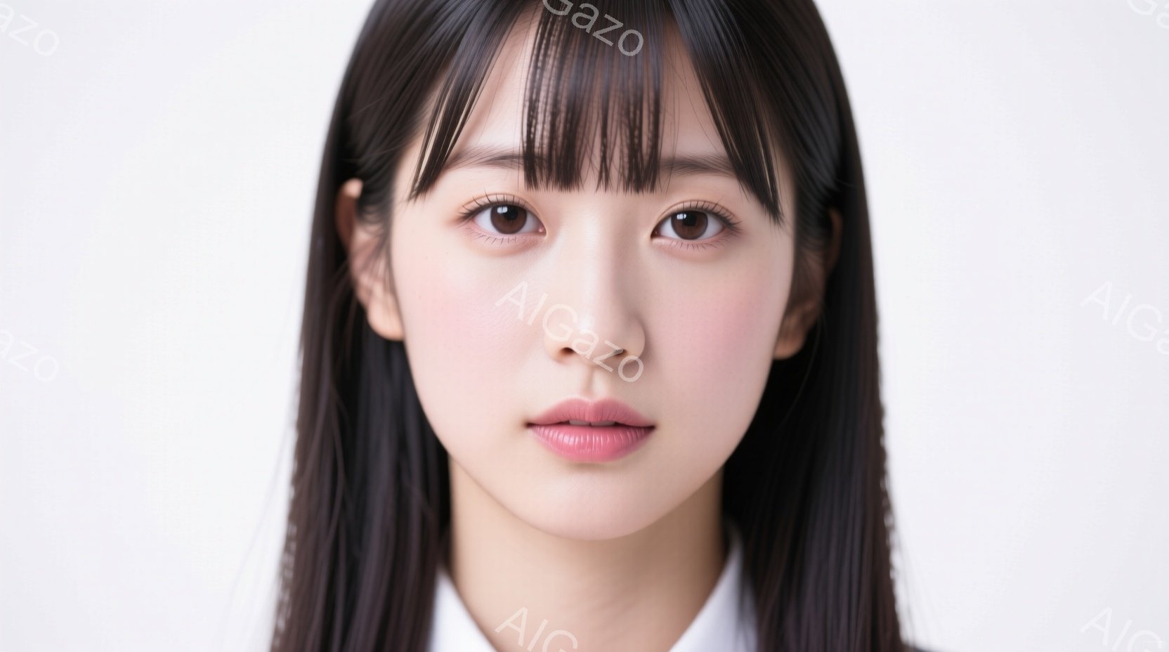 この画像は、黒髪で前髪が目の上まである若い女性のクローズアップです。彼女は白い襟のシャツを着ており、表情は穏やかで、少し微笑んでいるように見えます。背景は白一色で、女性が際立っています。 - AI生成フリー素材