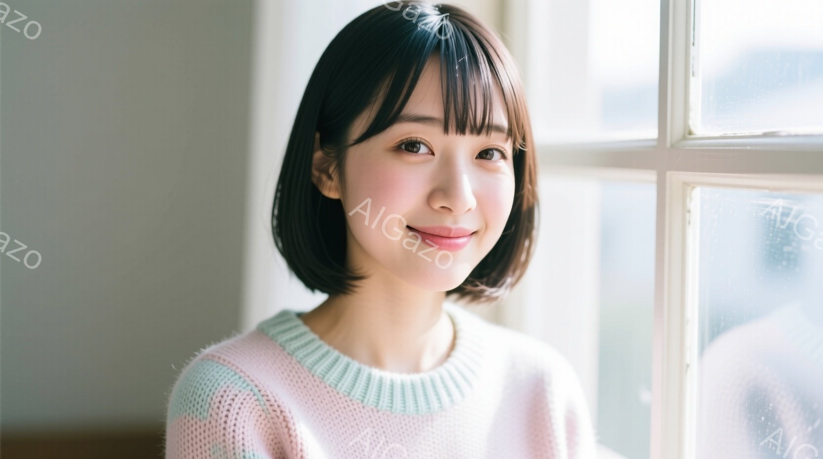 若い女性が正面を向いて微笑んでいます。彼女はピンクと水色のセーターを着ており、前髪が目にかかる短い髪型をしています。背景には白い窓枠が見え、柔らかい光が差し込み、全体的に穏やかで温かい雰囲気です。 - AI生成フリー素材