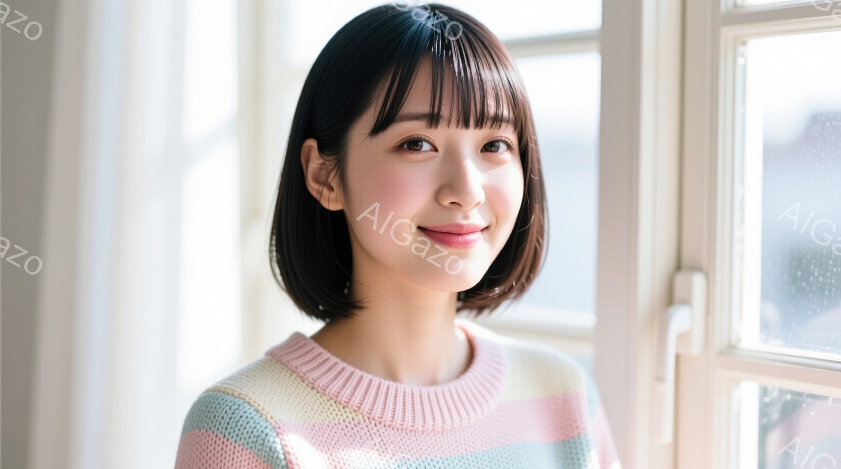 ショートヘアの女性が、クリーム色、ピンク、水色のボーダーセーターを着て、カメラに向かって微笑んでいます。彼女は穏やかな表情で、窓辺に立って自然光を浴びています。背景にはぼやけた窓枠と、おそらく室内の様 - AI生成フリー素材