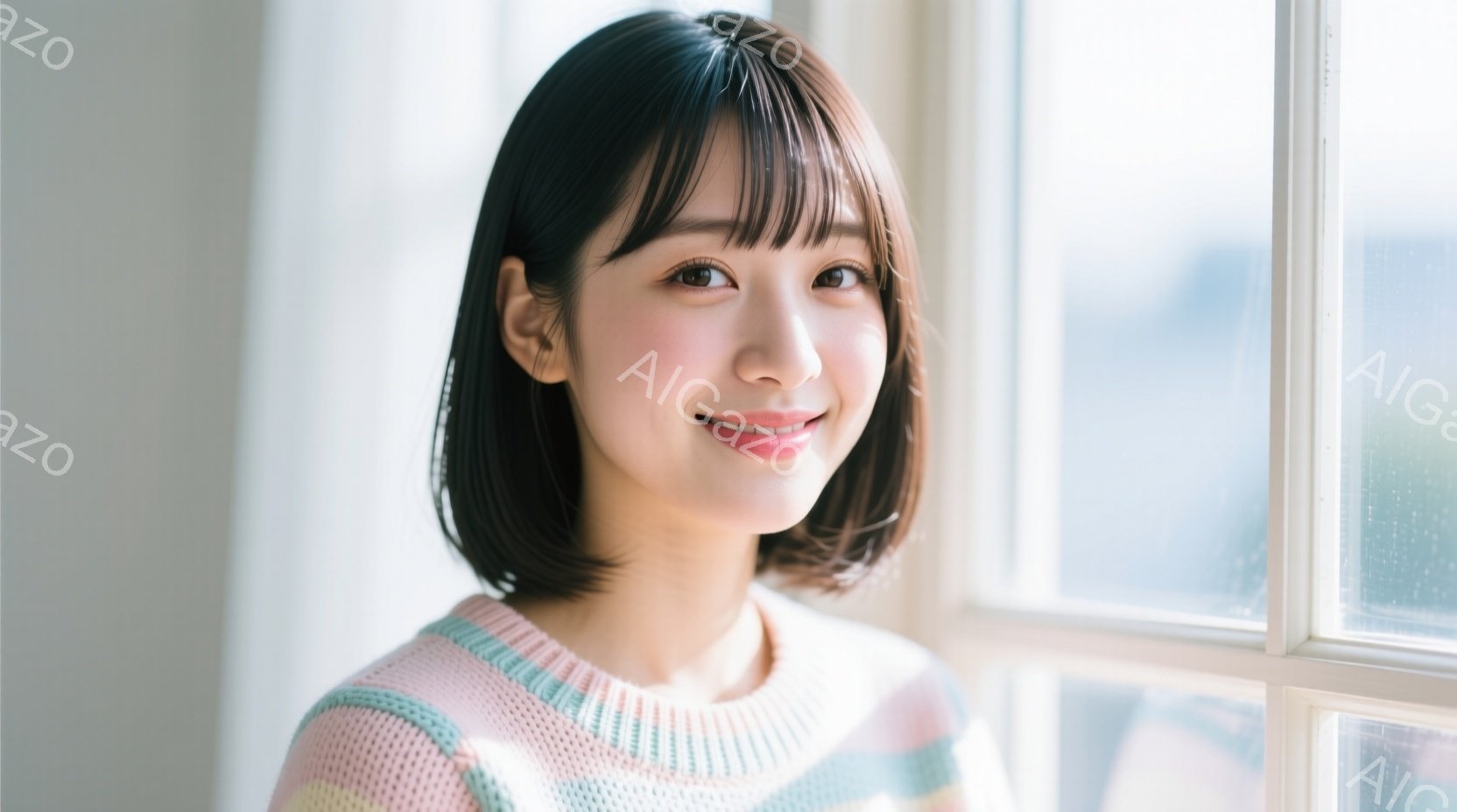 画像は、明るい笑顔を浮かべた若い女性が写っています。彼女はピンク、水色、クリーム色のストライプが特徴のセーターを着ており、前髪のあるショートボブヘアスタイルです。窓からの自然光が彼女を照らし、背景には - AI生成フリー素材
