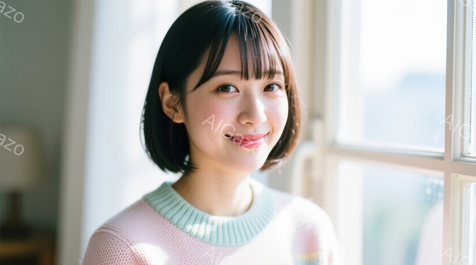 明るい窓辺に立つ女性が写っています。ピンク色のセーターを着ており、明るい茶色のショートヘアに前髪が下ろされています。彼女は微笑んでおり、優しく穏やかな雰囲気を醸し出しています。 - AI生成フリー素材