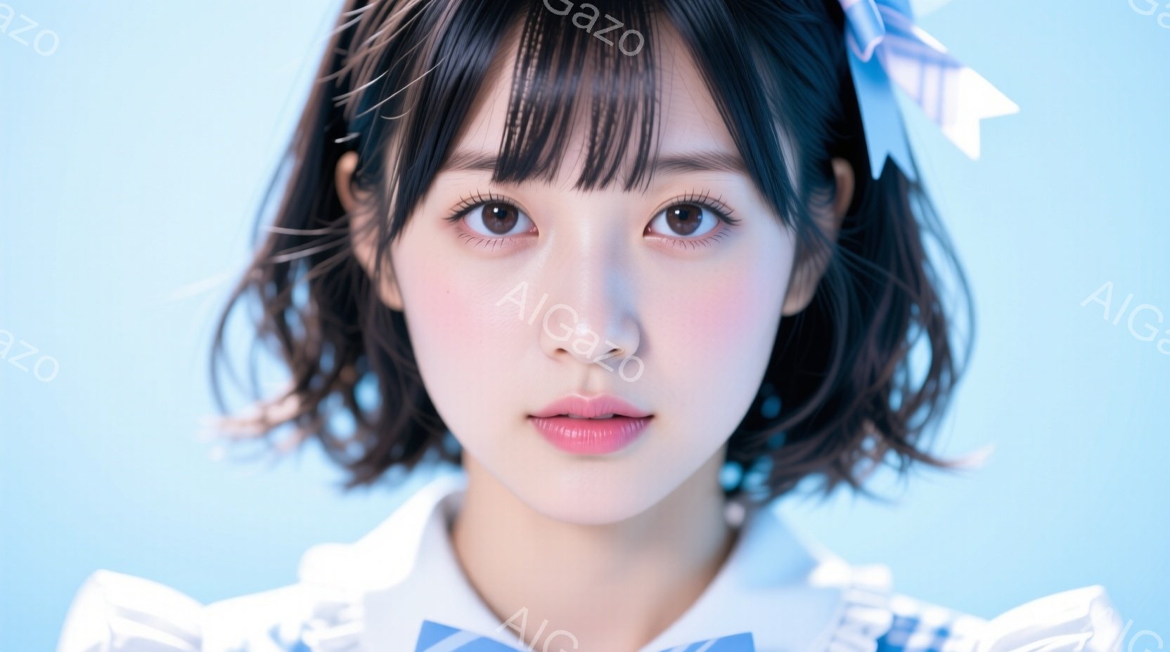 短い黒髪で前髪ぱっつんの女性が写っています。白い制服のような服を着ており、首には青いリボンが結ばれています。彼女はカメラを見つめており、少し微笑んでいるような、穏やかな表情をしています。 - AI生成フリー素材