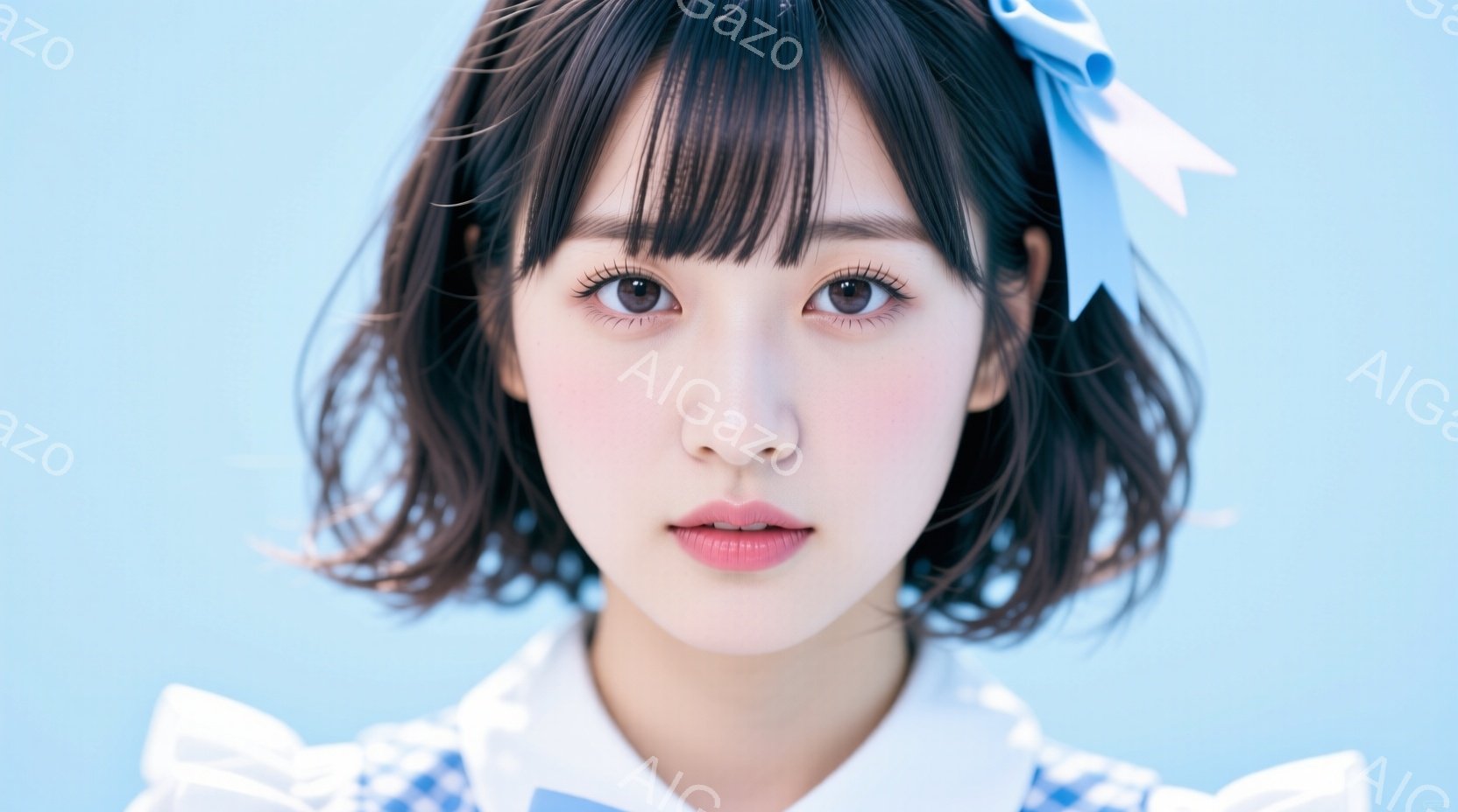 画像は、ボブカットの髪に大きなリボンをつけた若い女性のクローズアップです。彼女はチェック柄の襟が特徴的な白いブラウスを着ており、優しい微笑みを浮かべています。背景は淡い水色で、人物が際立っています。