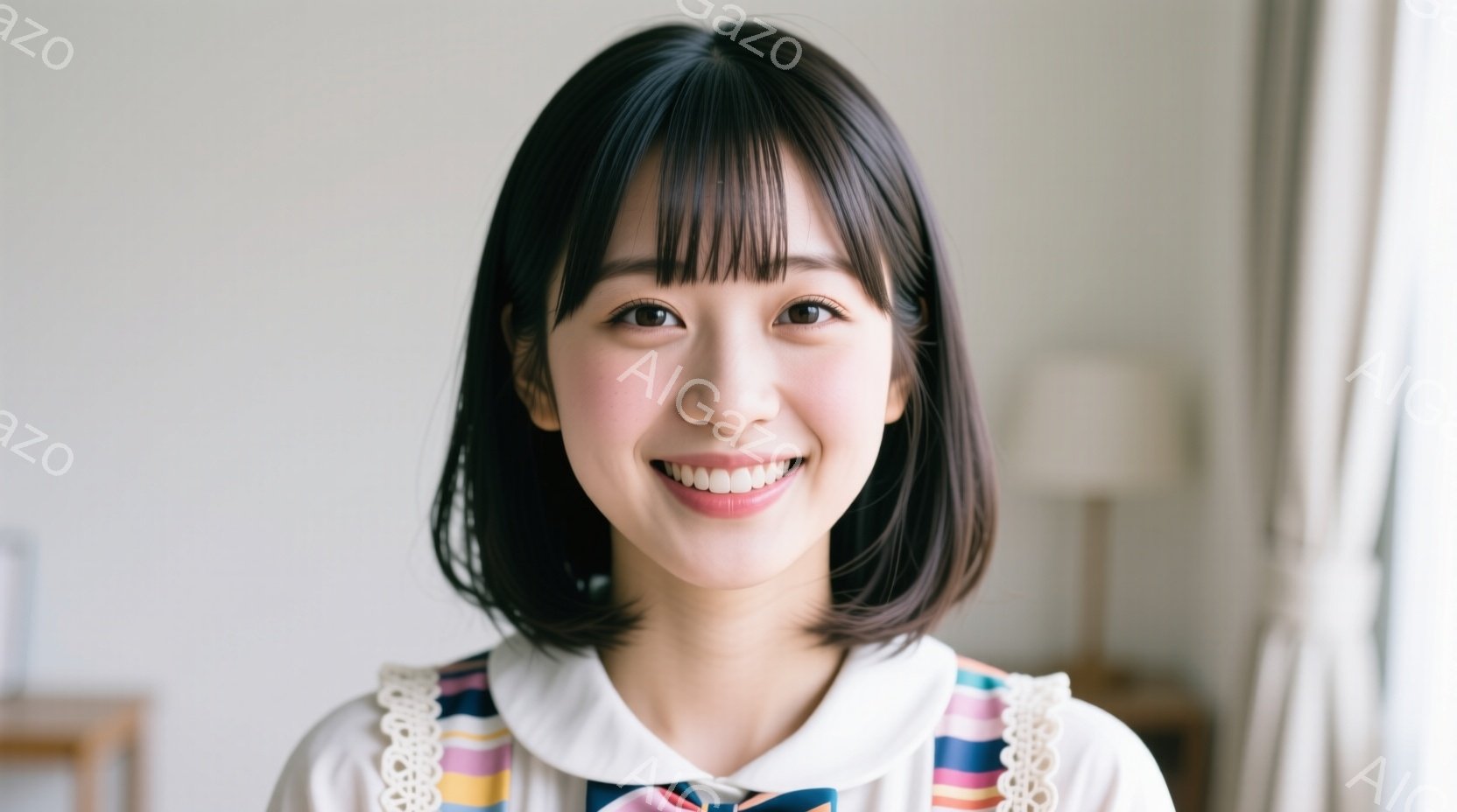 黒髪のショートボブヘアの女性が微笑んでいます。白いブラウスにカラフルなストライプのネクタイがアクセントで、明るい表情でカメラを見ています。背景は明るいベージュの壁で、室内であることがわかります。 - AI生成フリー素材