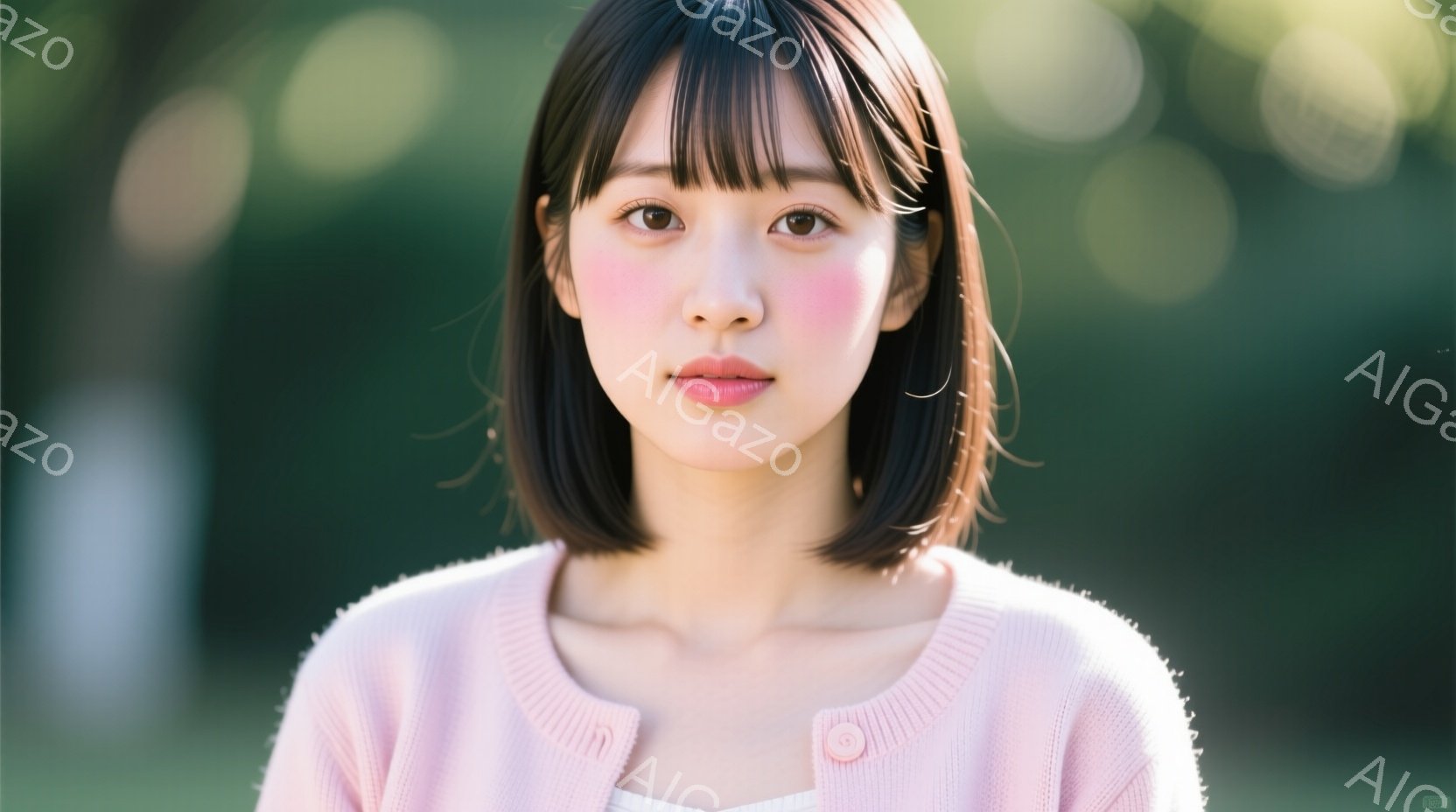 この女性は、ピンク色のカーディガンを着ており、黒いボブヘアで、前髪は眉毛にかかるようにカットされている。彼女は穏やかな微笑みを浮かべ、視線はカメラの方を向いている。背景は緑色のぼやけた自然で、柔らかい - AI生成フリー素材