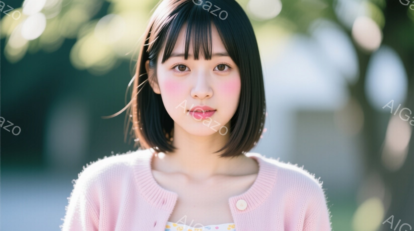 黒髪のショートボブヘアの女性が、薄いピンク色のカーディガンを着ています。彼女はわずかに微笑んでおり、穏やかで優しい表情をしています。背景には緑豊かな木々が見え、春または夏の晴れた日の穏やかな雰囲気が漂 - AI生成フリー素材