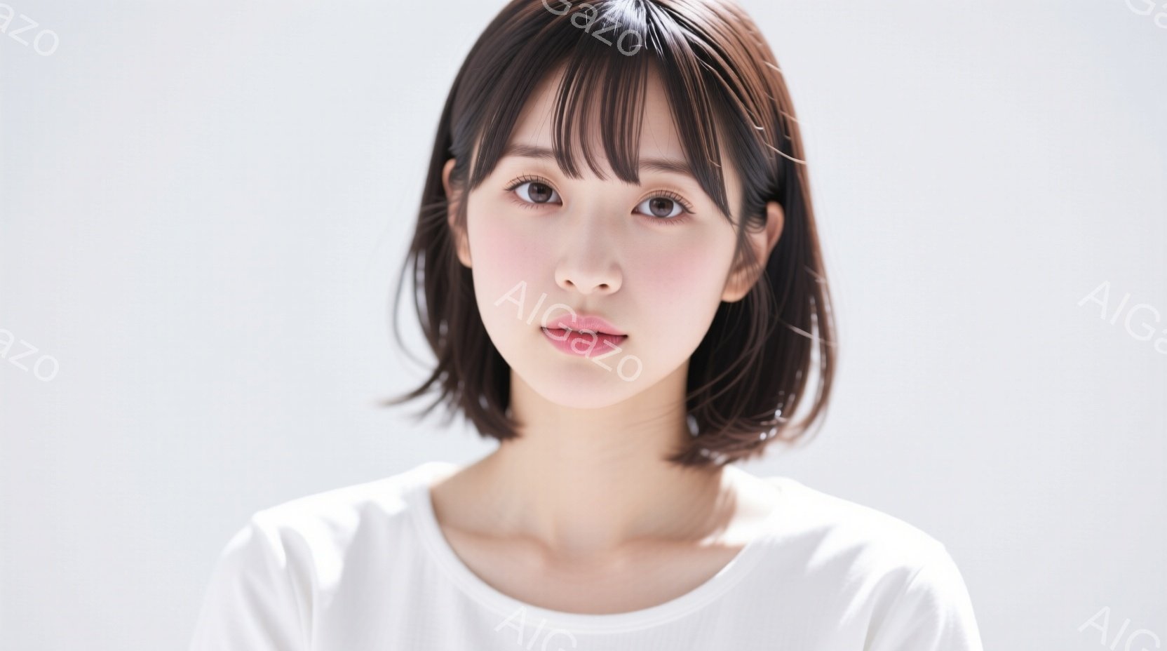 この画像は、白いTシャツを着た若い女性のポートレートです。彼女は前髪を下ろしたショートヘアで、穏やかな微笑みを浮かべています。背景は白一色で、女性が際立っており、全体的に柔らかく優しい雰囲気です。 - AI生成フリー素材