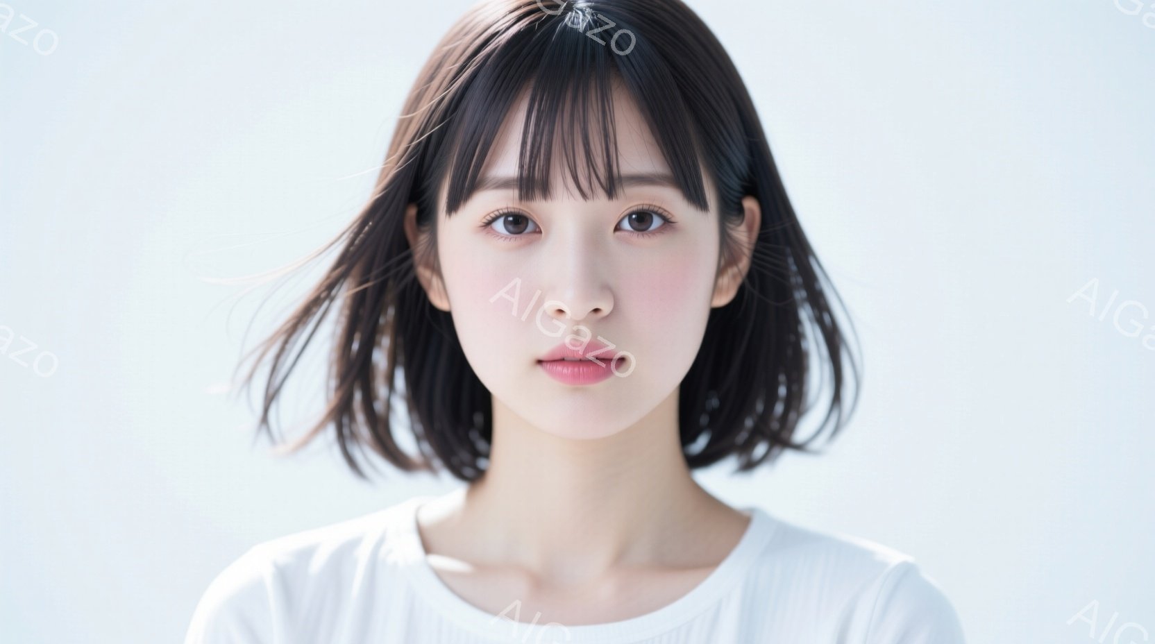 この女性は白いシンプルなトップスを着ており、前髪ぱっつんの短い黒髪が特徴的です。彼女はカメラに向かってまっすぐ見ており、穏やかで控えめな表情をしています。背景は白で、人物が際立っており、全体的に清潔感 - AI生成フリー素材