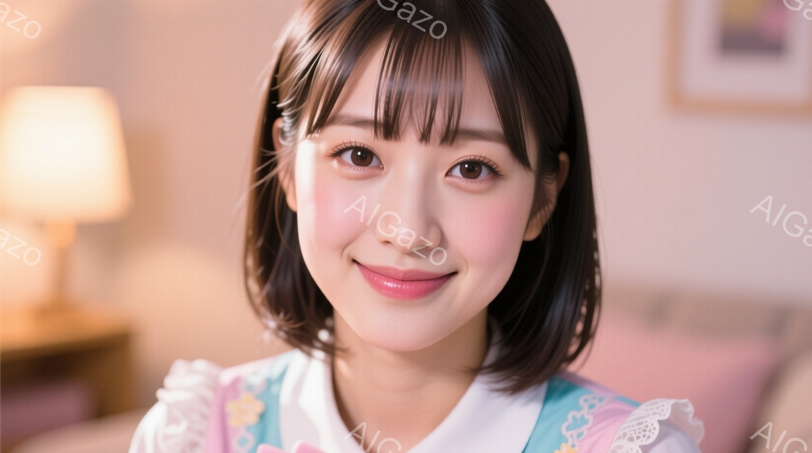 短い黒髪の女性が正面を見つめて微笑んでいます。淡いピンクと水色のパステルカラーのトップスを着ており、全体的に柔らかい印象を与えています。背景はぼやけていますが、ピンク色のベッドと、壁にかかった絵画が見 - AI生成フリー素材