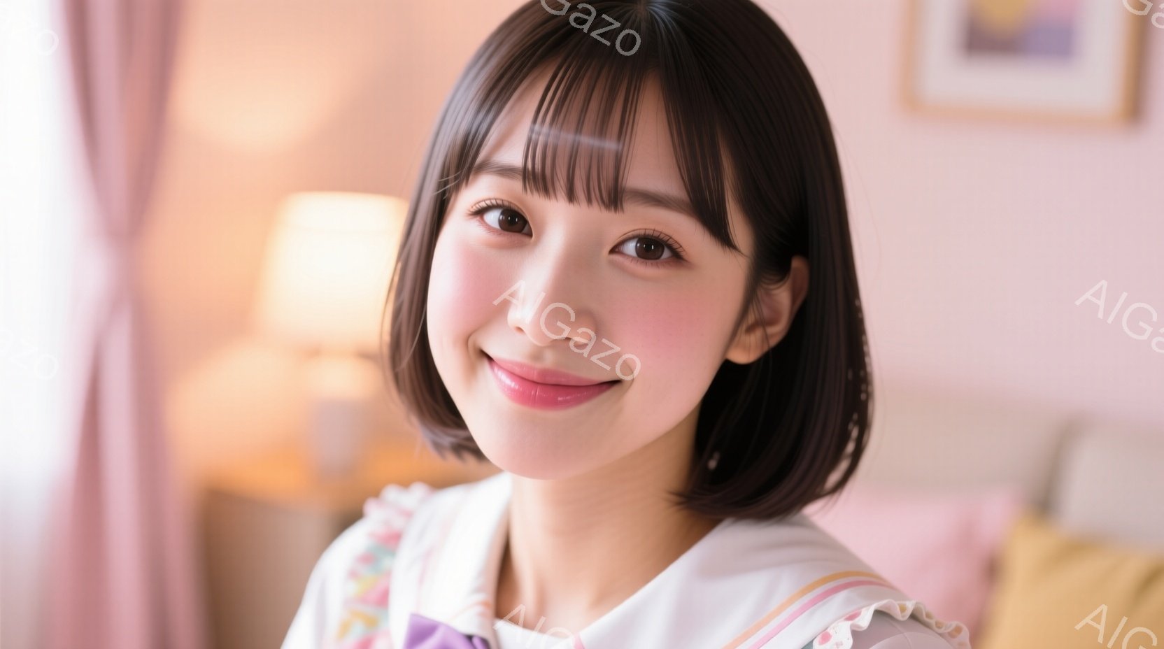 この女性は、肩までの長さの茶髪で、前髪がぱっつんカットになっている。白いブラウスにピンクと紫のストライプが入った服を着ており、明るい笑顔を見せている。背景には、ピンクと黄色のクッションと間接照明があり - AI生成フリー素材