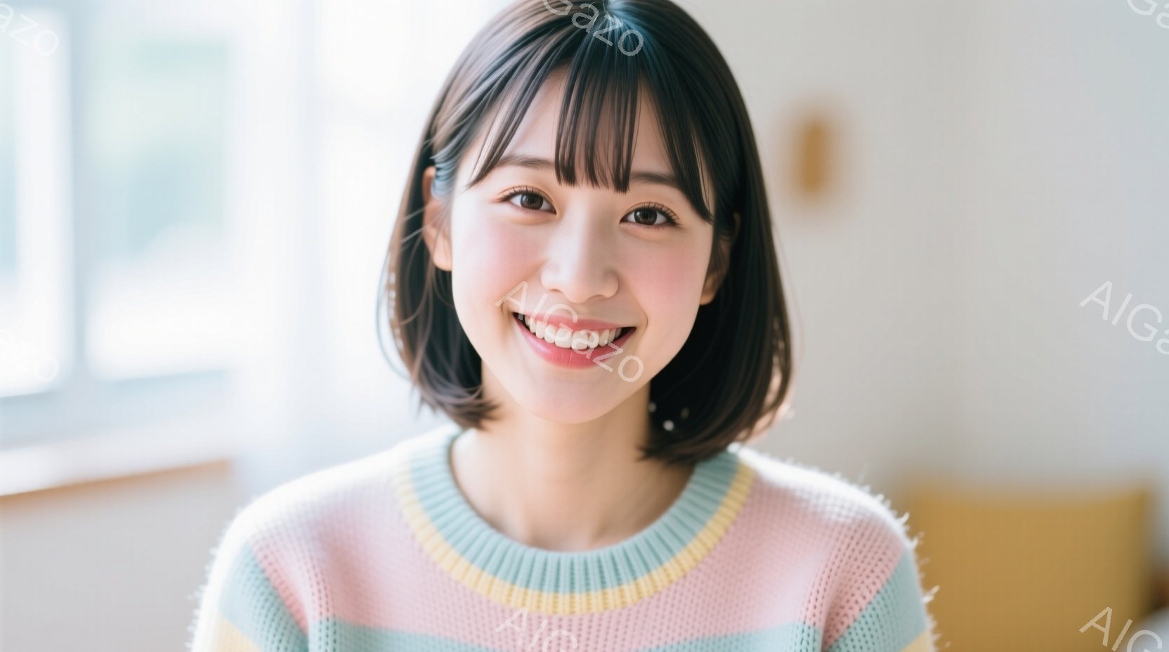 茶髪のボブヘアで、前髪は眉毛にかかるように切り揃えられています。ピンクと水色の横縞のセーターを着ており、満面の笑顔でカメラを見ています。背景はぼやけていますが、クリーム色の壁と黄色いクッションが見え、 - AI生成フリー素材