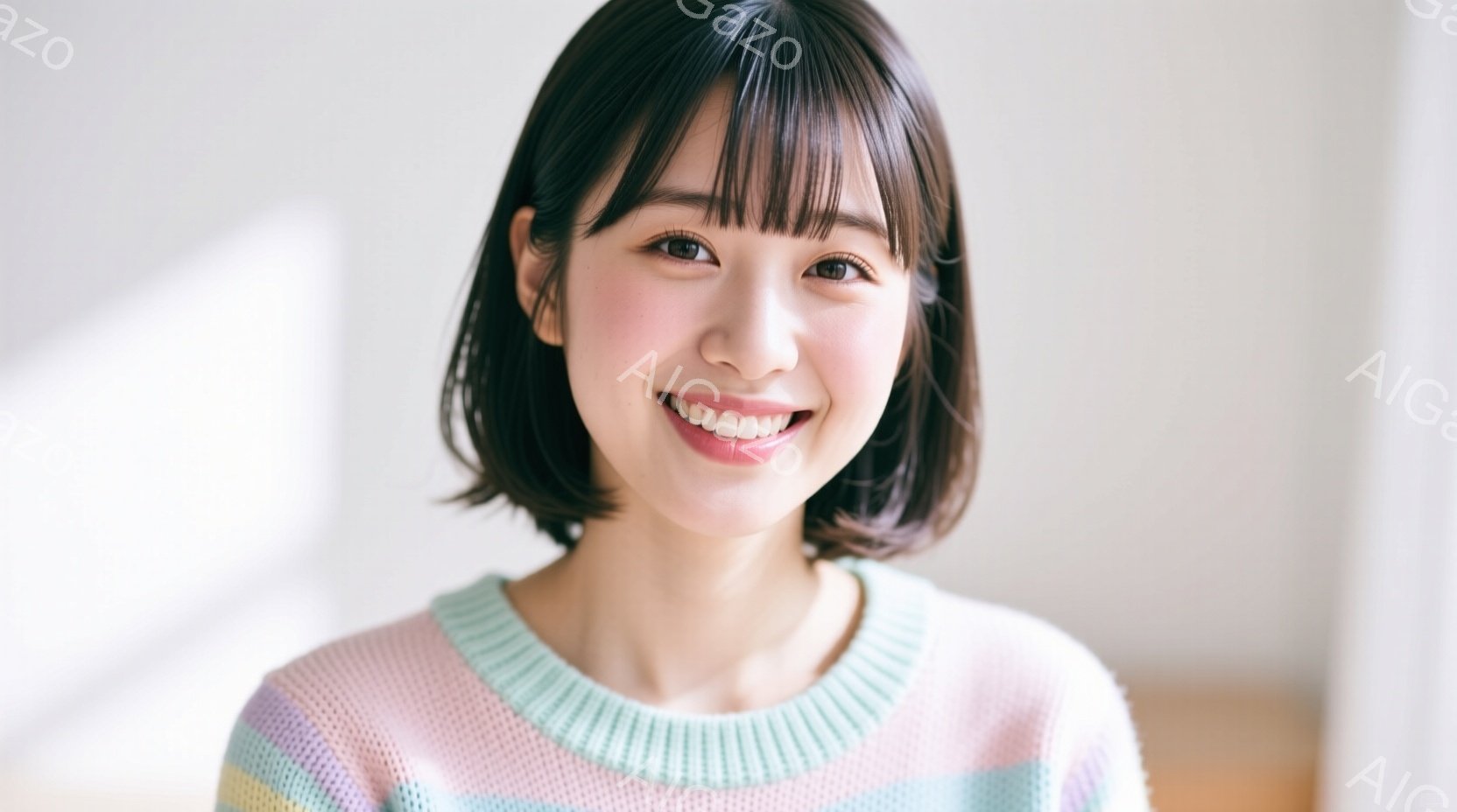 この女性は明るい笑顔を浮かべ、ストレートで前髪のあるショートヘアをしています。パステルカラーのストライプのセーターを着ており、背景はぼやけた明るい室内です。全体的に温かく親しみやすい雰囲気で、リラック - AI生成フリー素材