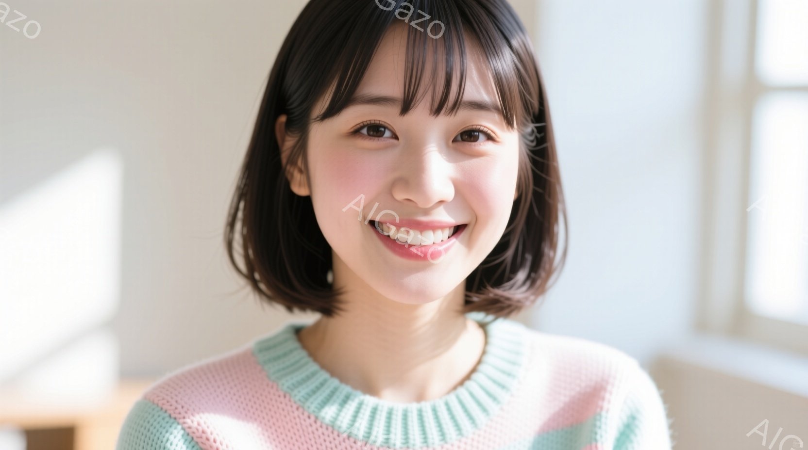 この女性は、明るい笑顔でカメラを見つめています。彼女は肩までの長さのダークブラウンのヘアスタイルで、パステルピンクとミントグリーンのセーターを着ています。背景はぼやけていますが、室内で自然光が入ってい - AI生成フリー素材