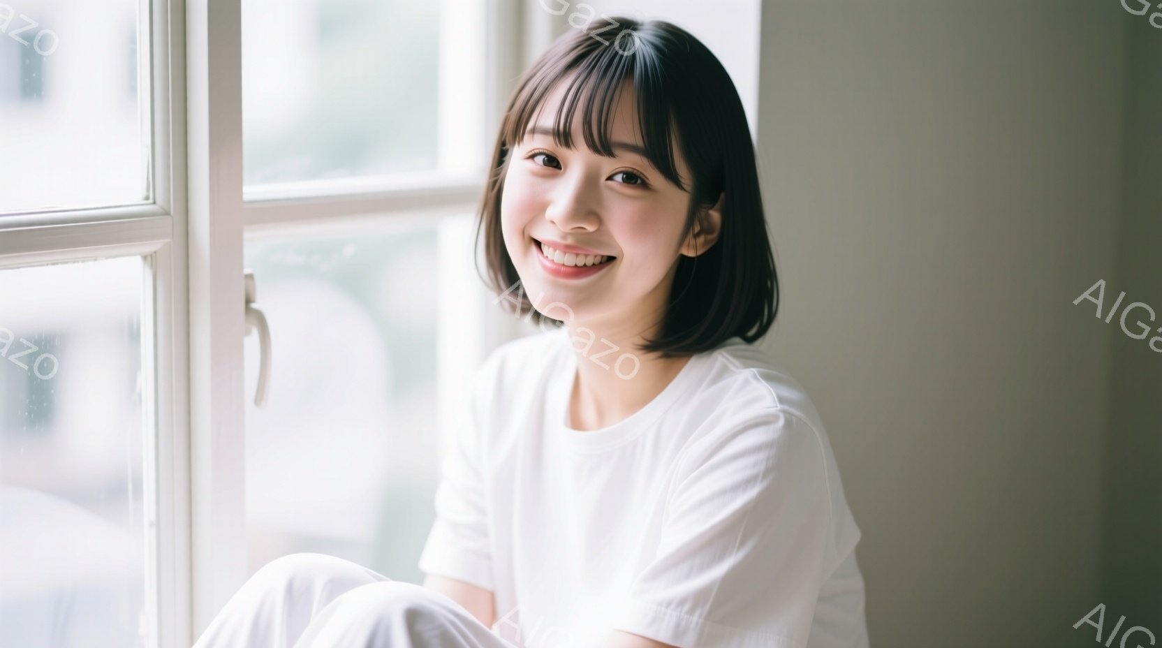 この女性は白いTシャツを着て、短い黒髪で、明るい笑顔を浮かべている。彼女は窓枠に座り、リラックスした姿勢でカメラを見ている。背景にはぼやけた建物が見え、柔らかい光が全体を包み込み、穏やかで親しみやすい - AI生成フリー素材