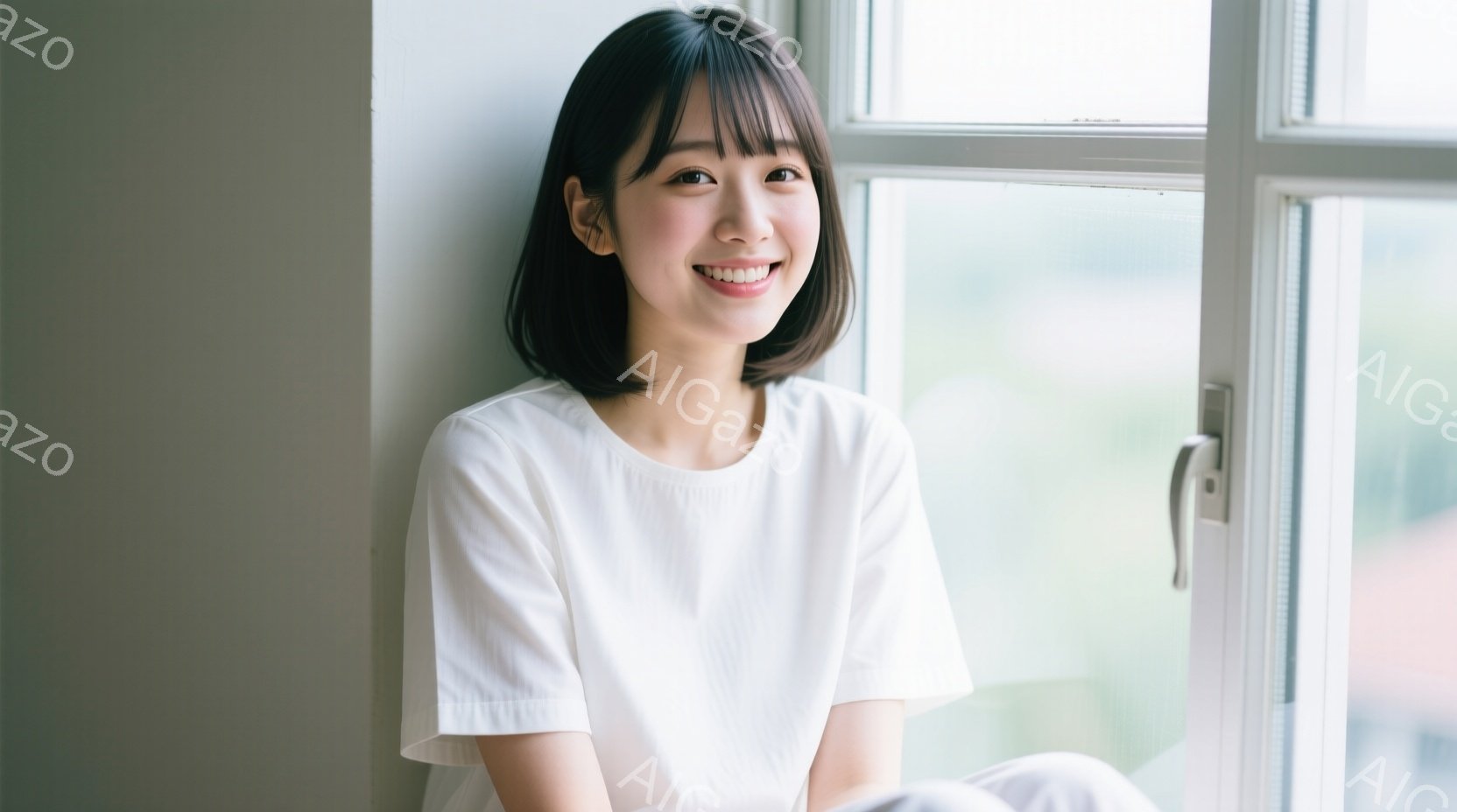 若い女性が白いTシャツを着て、窓枠に寄りかかって微笑んでいる。彼女は前髪を短くカットした黒髪で、明るい表情をしている。背景は白く、窓からはぼんやりとした外の景色が見え、全体的に清潔で穏やかな雰囲気を醸 - AI生成フリー素材
