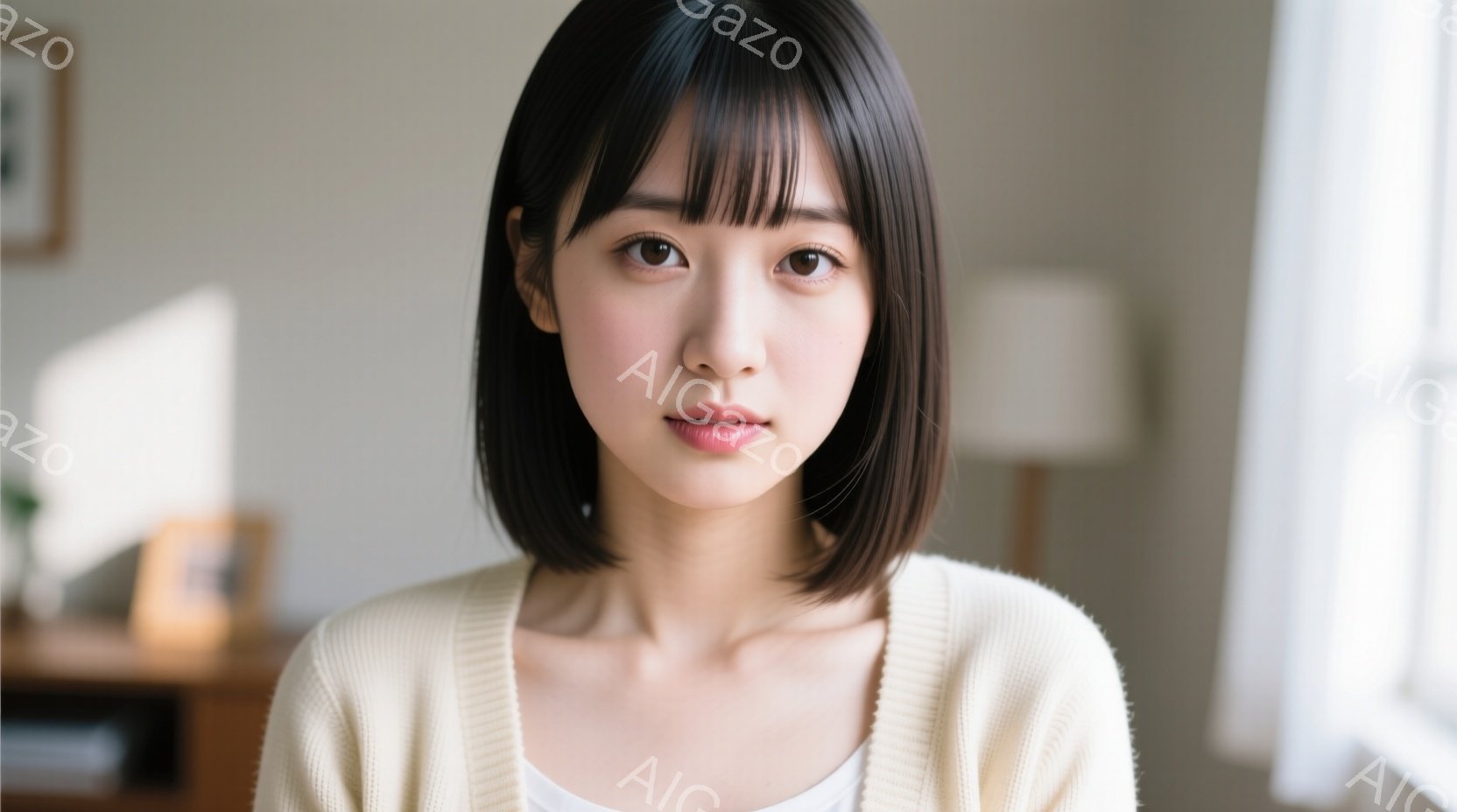 ショートヘアの女性が正面を見据えています。ベージュのカーディガンに白いインナーを着ており、落ち着いた表情をしています。背景には家具が見え、室内で撮影された暖かい雰囲気の写真です。 - AI生成フリー素材