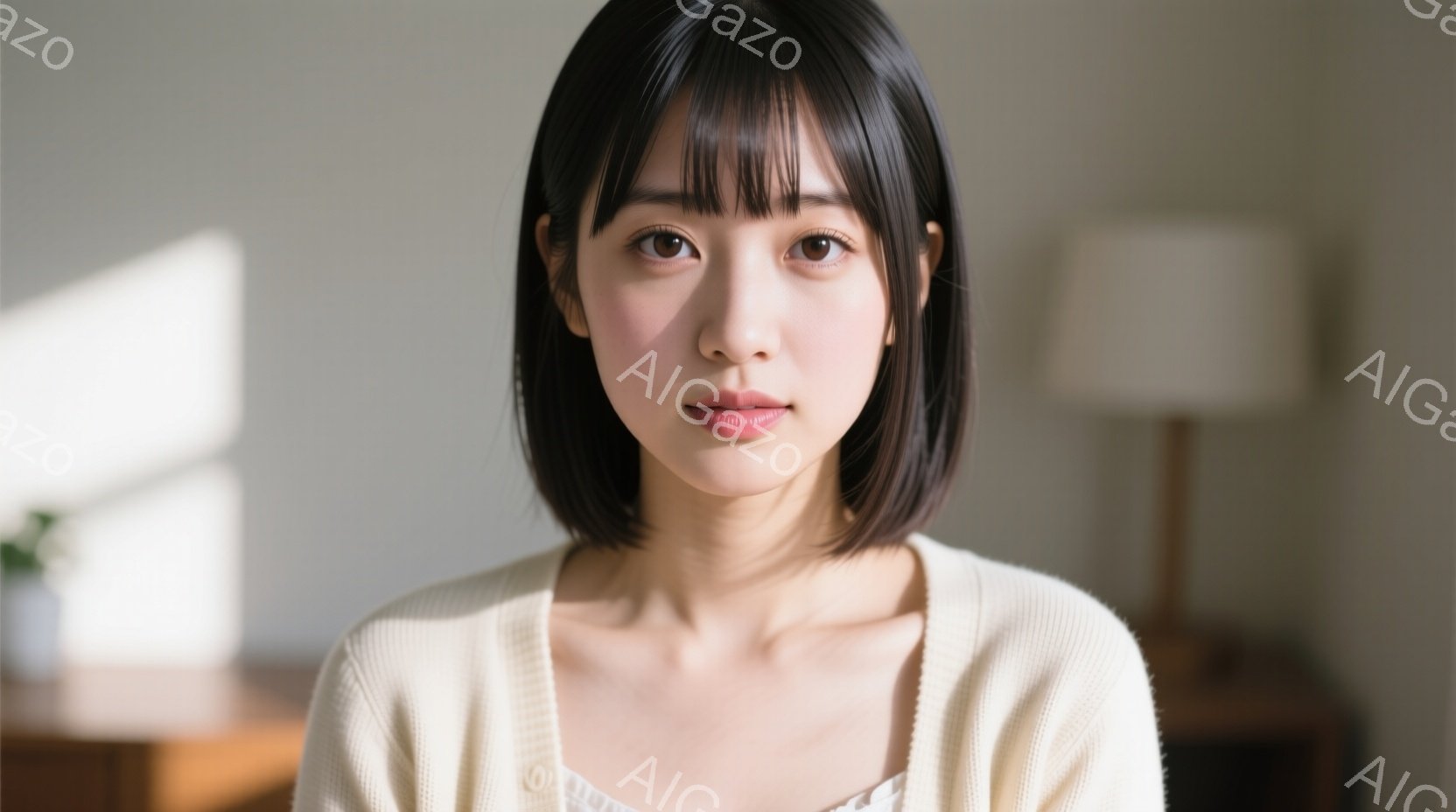 この女性は、ベージュのカーディガンを羽織り、白いレースのブラウスを着ています。彼女は黒髪のショートボブで、前髪は眉毛にかかるようにカットされています。表情は穏やかで、カメラに向かってまっすぐ見つめてお - AI生成フリー素材