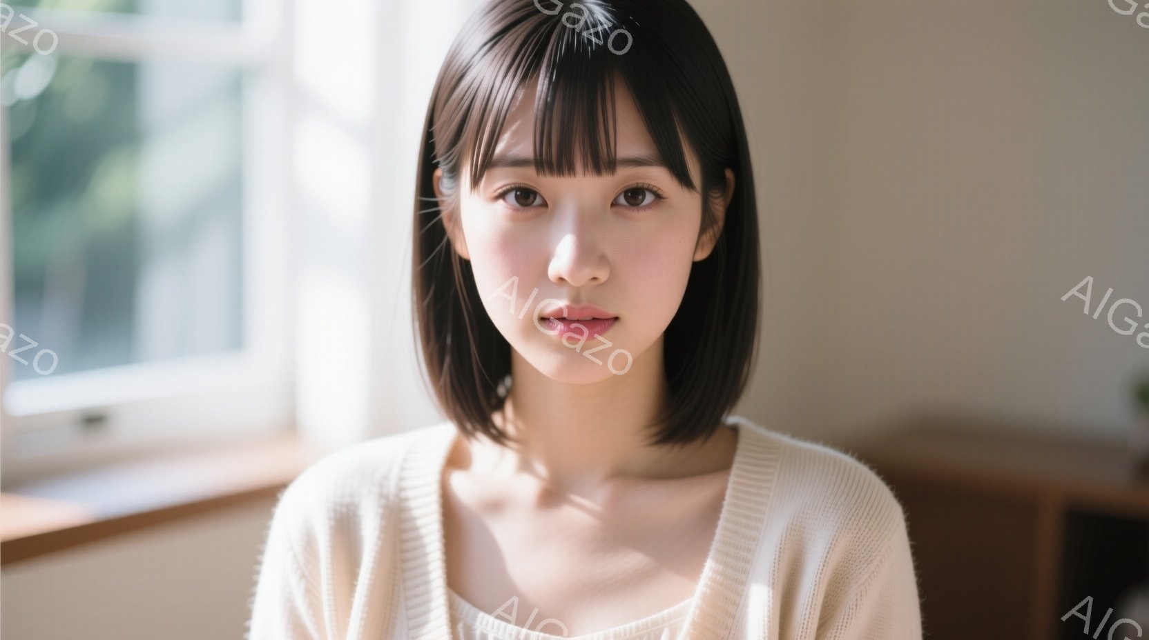 ショートヘアの女性が写っており、前髪は目の上ギリギリでカットされています。ベージュ系のカーディガンを羽織り、表情は穏やかで少し微笑んでいるように見えます。背景はぼかされており、窓からの自然光が差し込ん - AI生成フリー素材