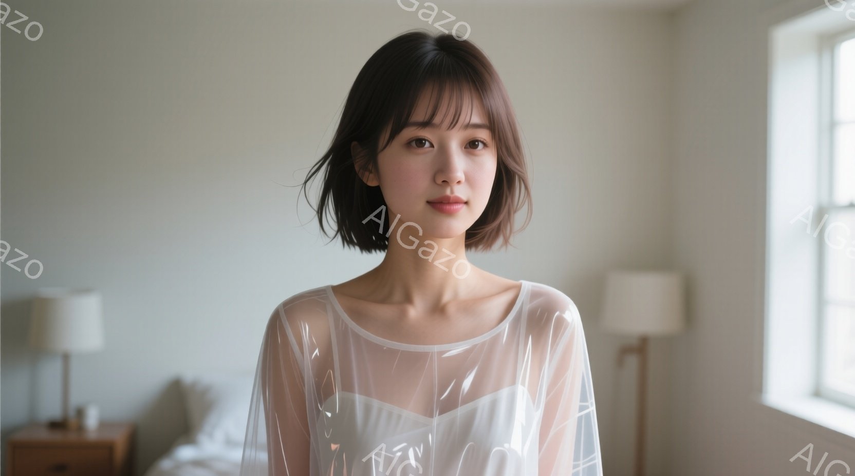 短い茶色の髪で、前髪が目に少しかかる女性が写っている。白い半透明のブラウスを着ており、物憂げな表情で正面を見ている。背景は明るい室内で、窓から自然光が差し込み、落ち着いた雰囲気を醸し出している。 - AI生成フリー素材