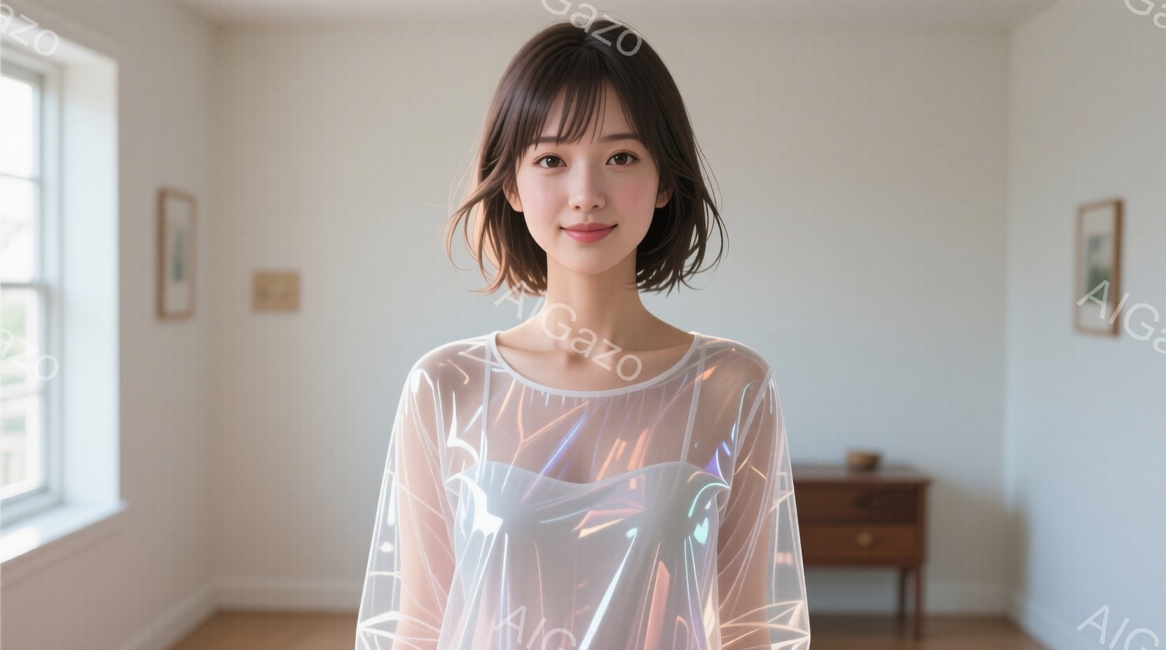 この女性は、透明感のある幾何学模様のオーバーシャツを羽織り、短いダークブラウンのヘアスタイルで、穏やかな微笑みを浮かべています。彼女は正面を向き、リラックスした姿勢で立っています。背景には、壁に掛けら - AI生成フリー素材