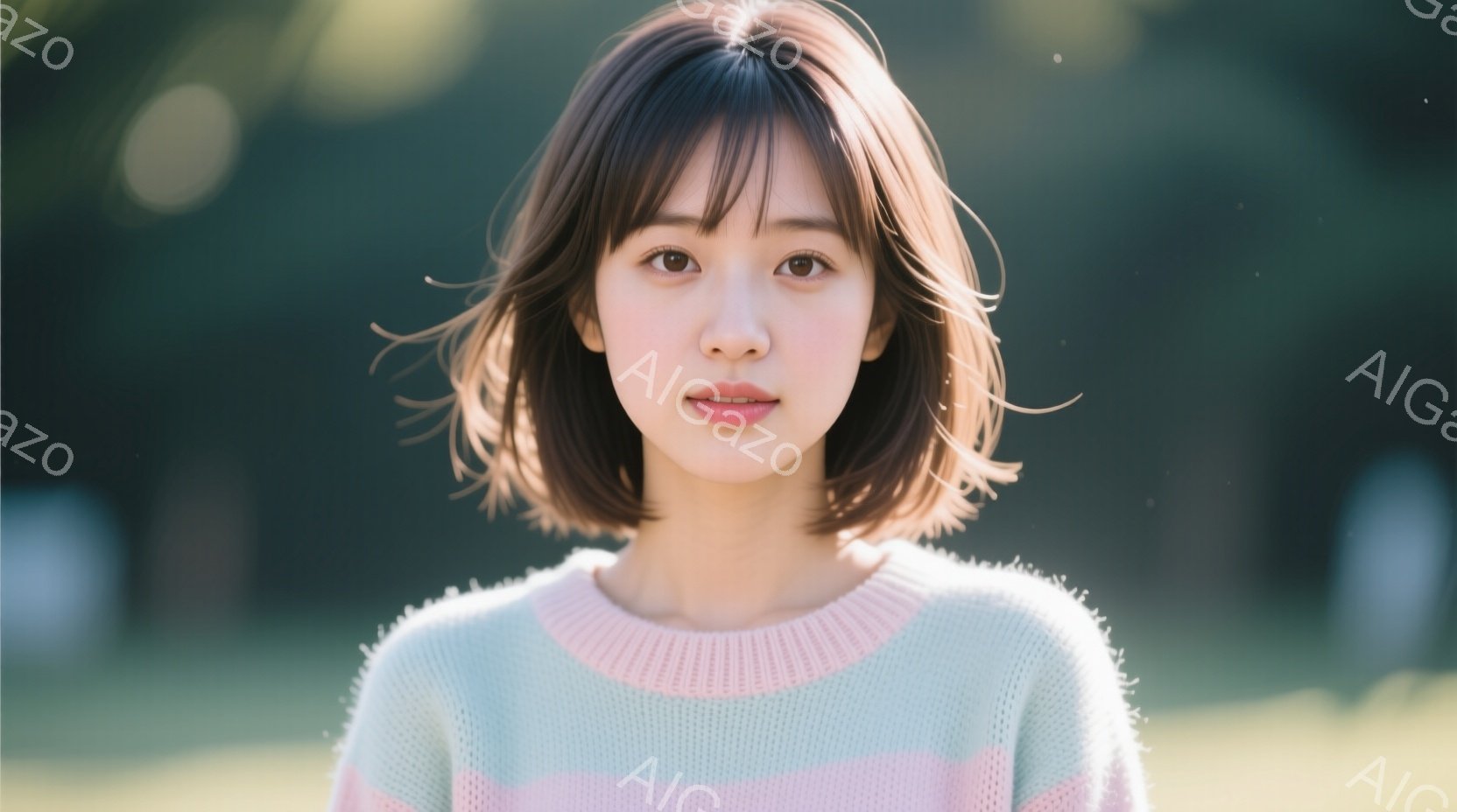 若い女性が、薄いピンク、水色、緑色の横縞のセーターを着て、カメラの正面を見つめています。彼女は肩までの長さの茶色の髪で、前髪が目にかかっています。背景はぼやけた緑色で、暖かく柔らかな雰囲気です。 - AI生成フリー素材