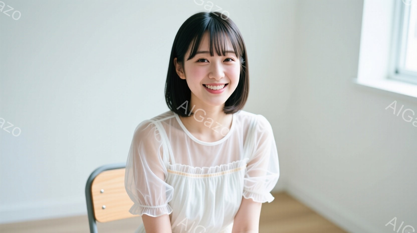 若い女性が正面を向いて微笑んでいます。彼女は明るい色の半袖ブラウスを着ており、前髪が眉毛にかかる程度の長さの黒髪が特徴です。背景はシンプルな白い壁と木製の床で、全体的に清潔で明るい雰囲気が漂っています - AI生成フリー素材