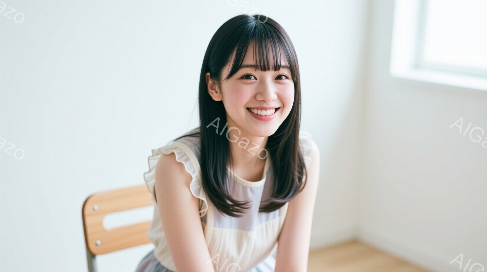 若い女性が椅子に座って笑顔を浮かべている。彼女はクリーム色のフリル付きトップスを着ており、髪は肩にかかる長さで、前髪は眉毛にかかるようにカットされている。背景はシンプルな白い壁で、全体的に明るく柔らか - AI生成フリー素材