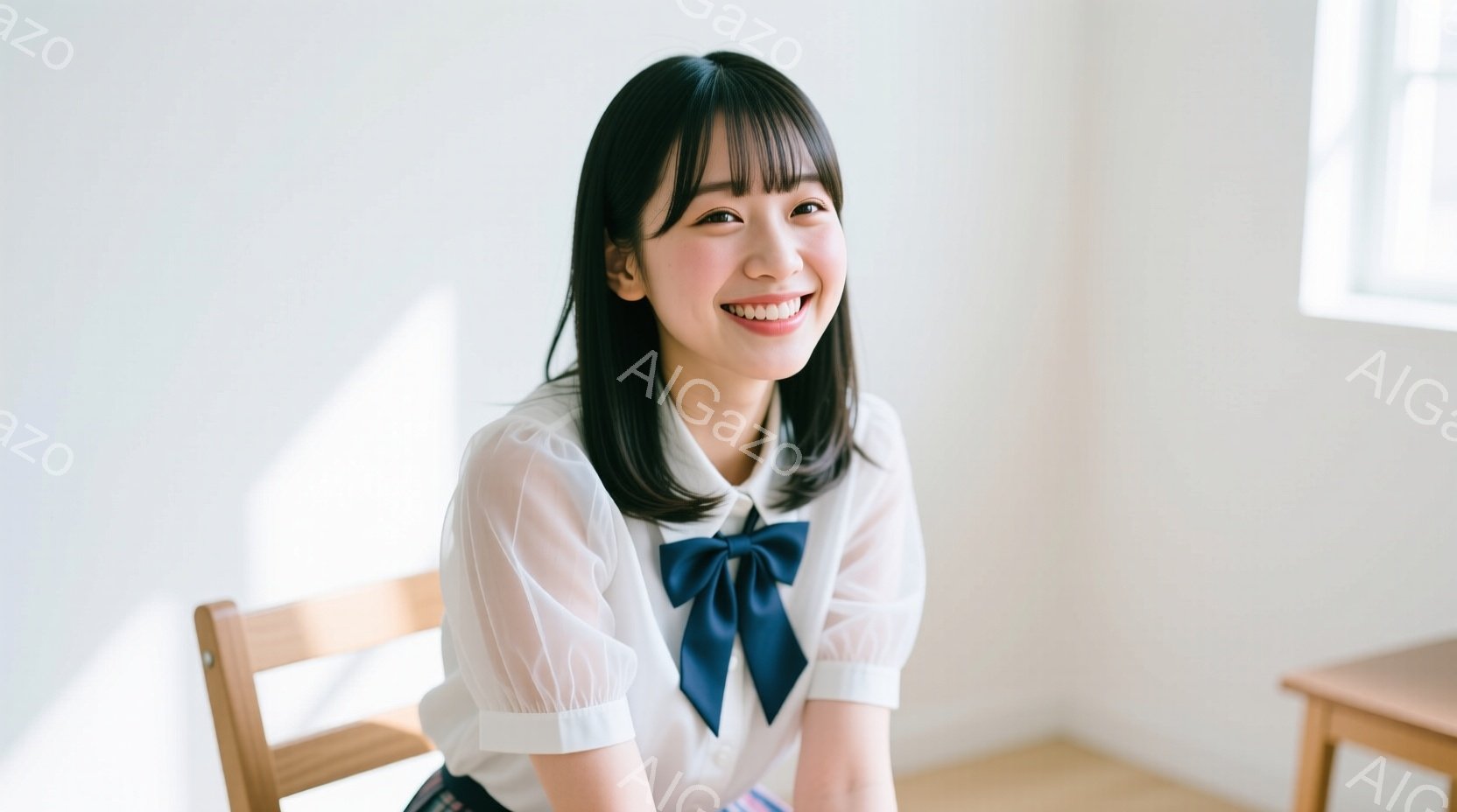 画像には、紺色のリボンをつけた白いブラウスを着た若い女性が写っています。彼女は明るい笑顔でカメラを見つめ、少し前かがみの姿勢で椅子に座っています。背景はシンプルな白い壁で、柔らかな自然光が差し込み、全 - AI生成フリー素材