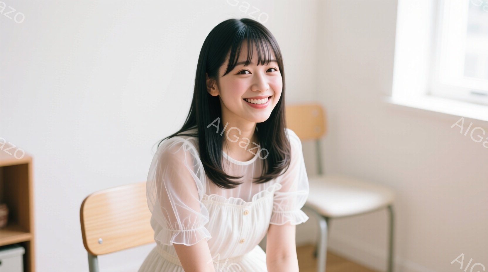 黒髪の女性が、白いブラウスとスカートを身に着けて椅子に座っています。彼女は微笑んでおり、柔らかく優しい表情をしています。背景はシンプルな白い部屋で、自然な光が差し込み、全体的に穏やかで明るい雰囲気を醸 - AI生成フリー素材