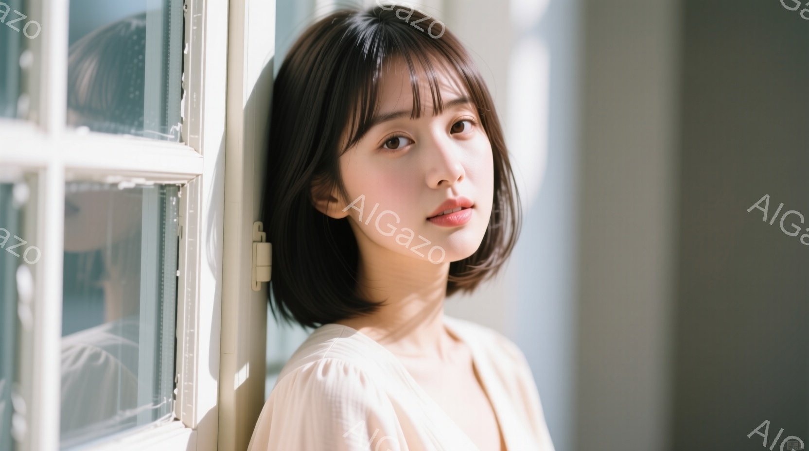 画像は、窓枠に寄りかかり、穏やかな表情を浮かべる若い女性を捉えています。彼女はオフホワイトのブラウスを着ており、前髪のあるショートボブヘアで、その目は穏やかで柔らかい光を帯びています。背景は柔らかい光 - AI生成フリー素材