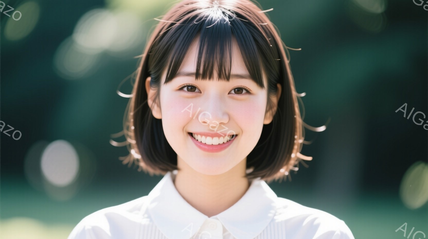 短い茶色の髪で、前髪が目にかかる女性が写っています。白いシャツを着て、明るい笑顔を浮かべており、背景には緑がぼやけて見え、屋外で撮影されたことがわかります。全体的に、自然で親しみやすい雰囲気の写真です - AI生成フリー素材