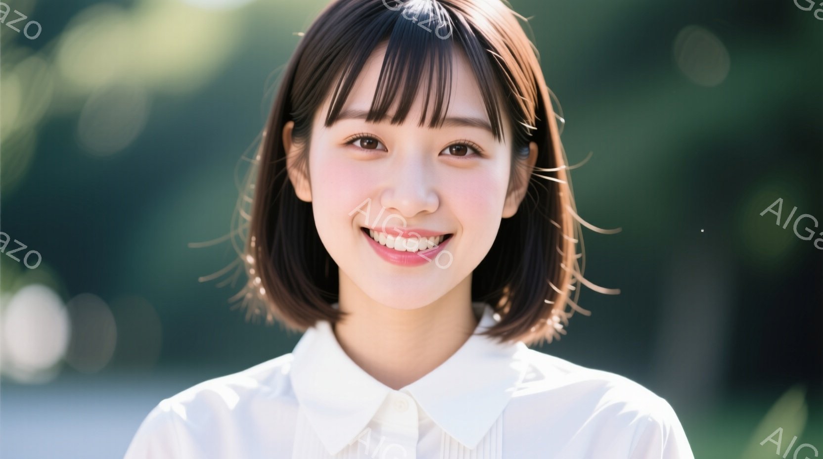 明るい笑顔の若い女性が写っている。彼女は白いブラウスを着ており、前髪のあるショートボブヘアスタイルをしている。背景は緑豊かな木々で、ぼやけた光の粒子が全体に散らばっており、柔らかく穏やかな雰囲気を醸し - AI生成フリー素材