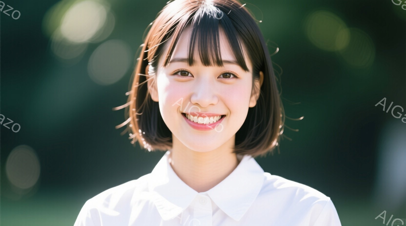 若い女性が正面を向いて微笑んでいます。彼女は白いシャツを着ており、短くダークブラウンの髪は前髪を覆っています。背景には緑豊かな木々が見え、光が差し込んでおり、柔らかく明るい雰囲気を醸し出しています。 - AI生成フリー素材