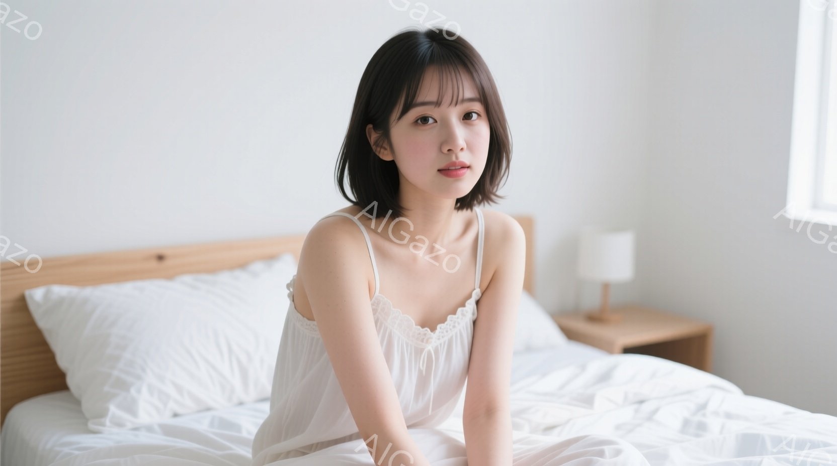 彼女は白いキャミソールを着てベッドに座っています。黒髪のボブヘアで、少し微笑んだ表情を浮かべています。背景には白い枕と木製のナイトスタンドがあり、柔らかい光が差し込み、穏やかな雰囲気を醸し出しています - AI生成フリー素材