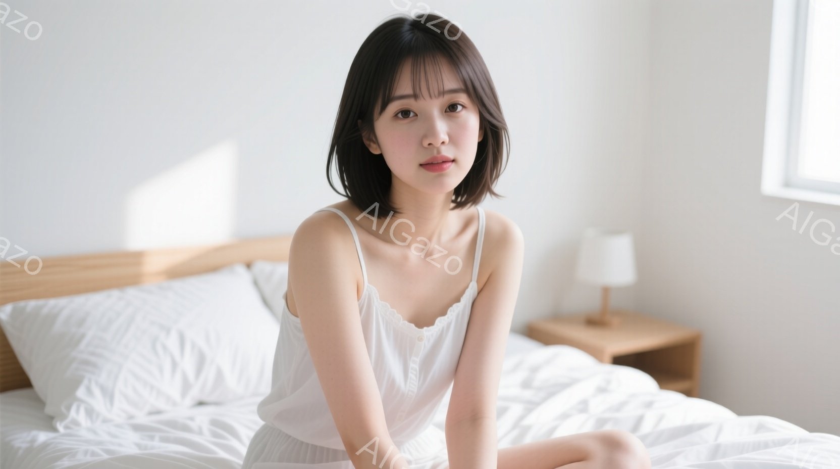 浅いピンク色のレースが縁取られた白いキャミソールを着た若い女性が、白いシーツが敷かれたベッドに座っています。彼女は前髪を下ろした短いダークブラウンの髪をしており、穏やかな微笑みを浮かべています。背景に - AI生成フリー素材